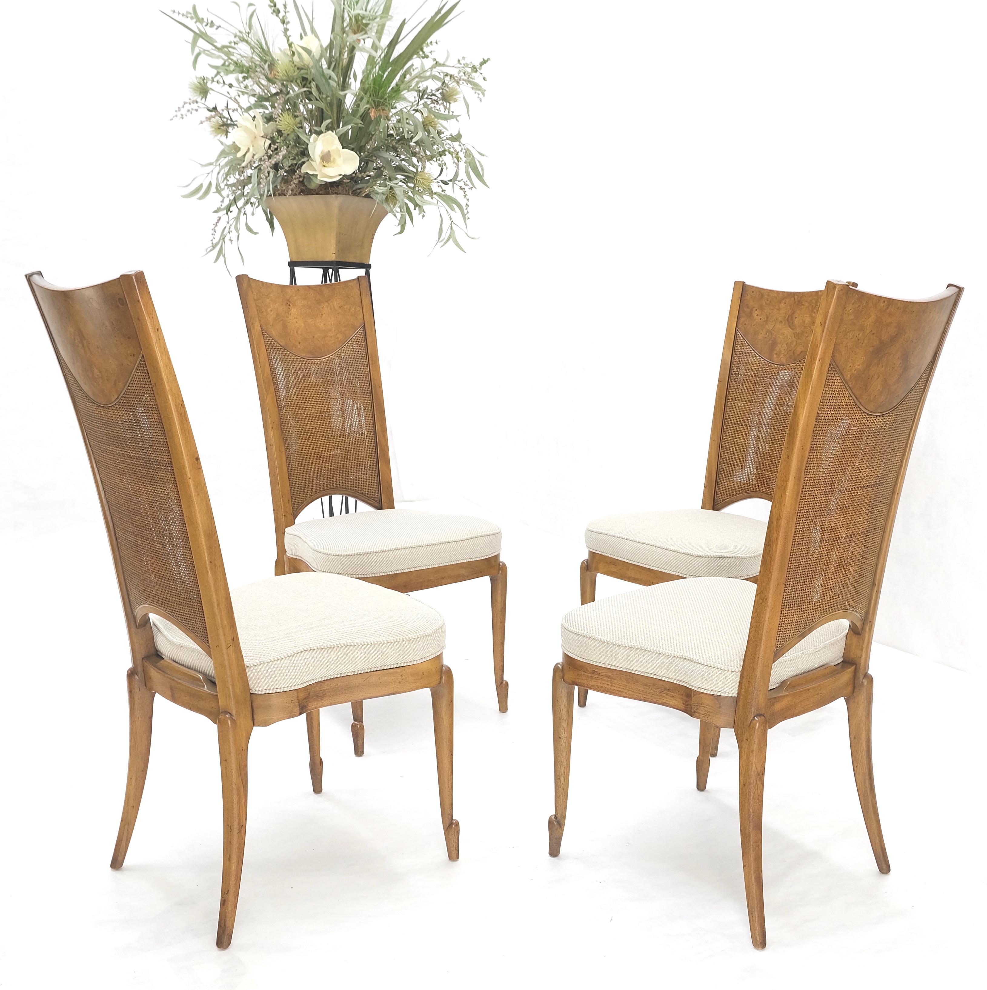 20th Century Set 4 Burl Wood Cane Back NEW Upholstery Dining Chairs Mid Century Modern MINT! For Sale