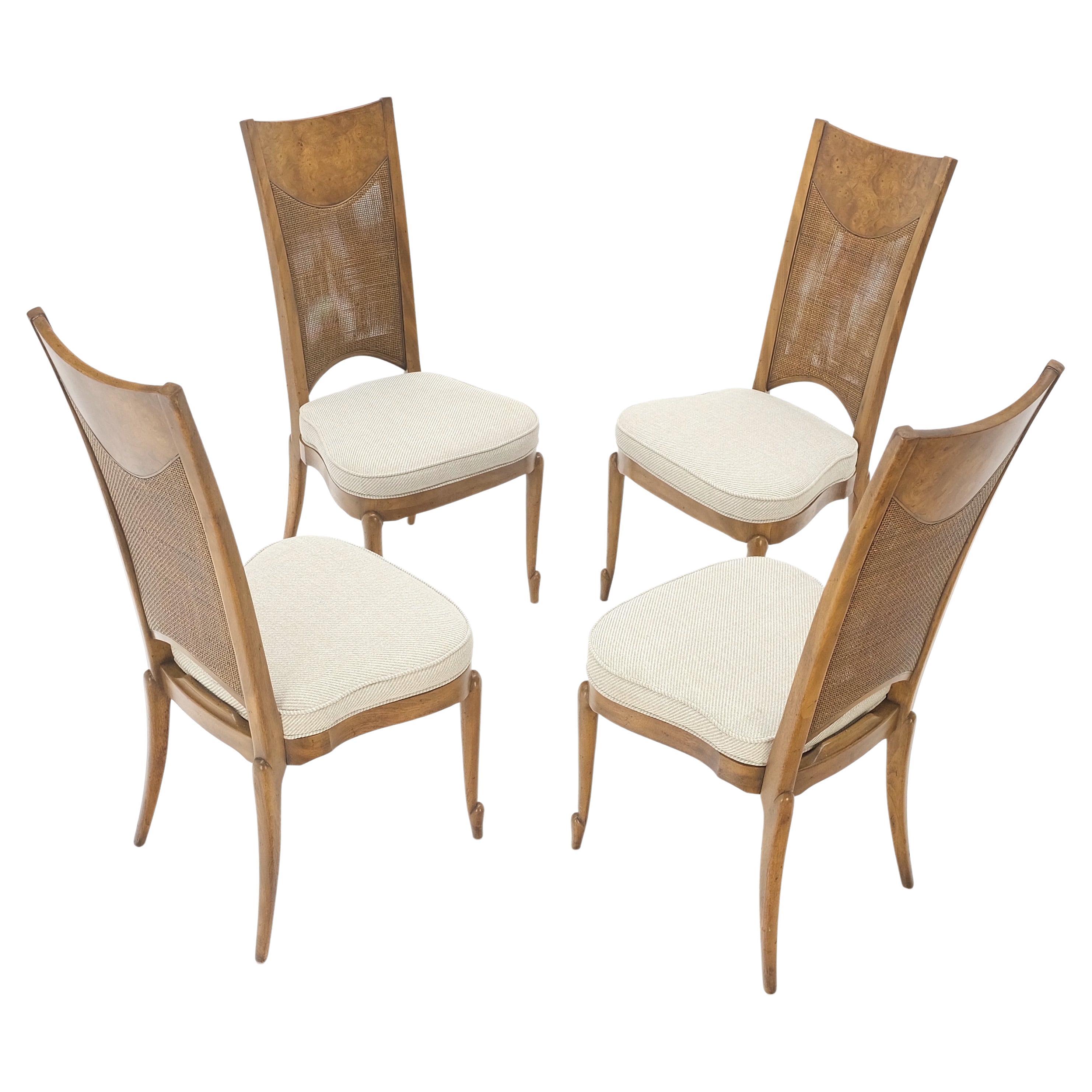 Set 4 Burl Wood Cane Back NEW Upholstery Dining Chairs Mid Century Modern MINT! For Sale