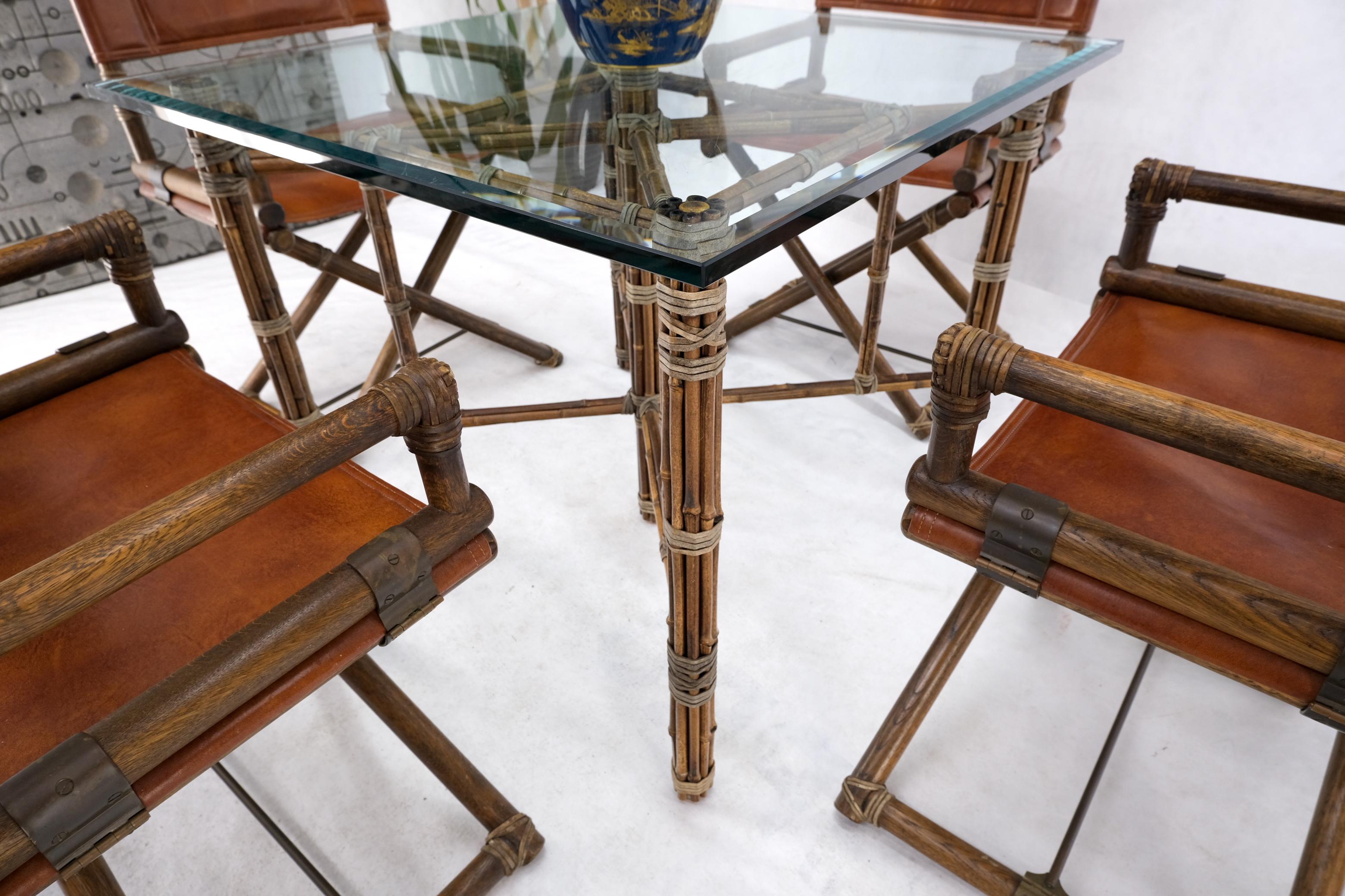 Set 4 Captain Leather Chairs Square Glass Top Dining Table Bamboo Base 4