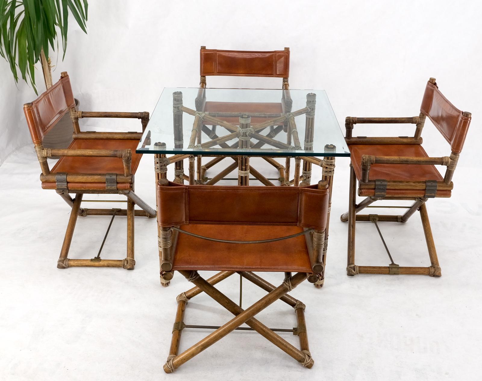 Mid-Century Modern Set 4 Captain Leather Chairs Square Glass Top Dining Table Bamboo Base