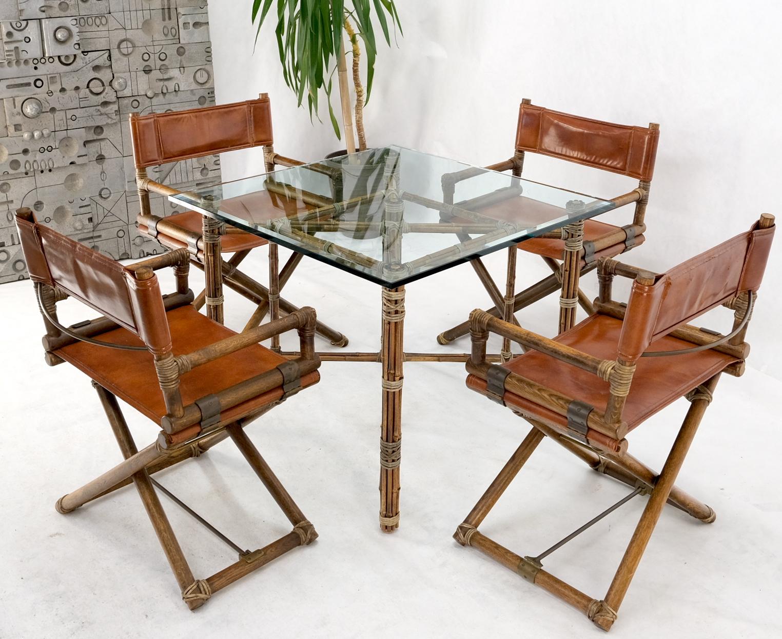 Set 4 Captain Leather Chairs Square Glass Top Dining Table Bamboo Base In Good Condition In Rockaway, NJ