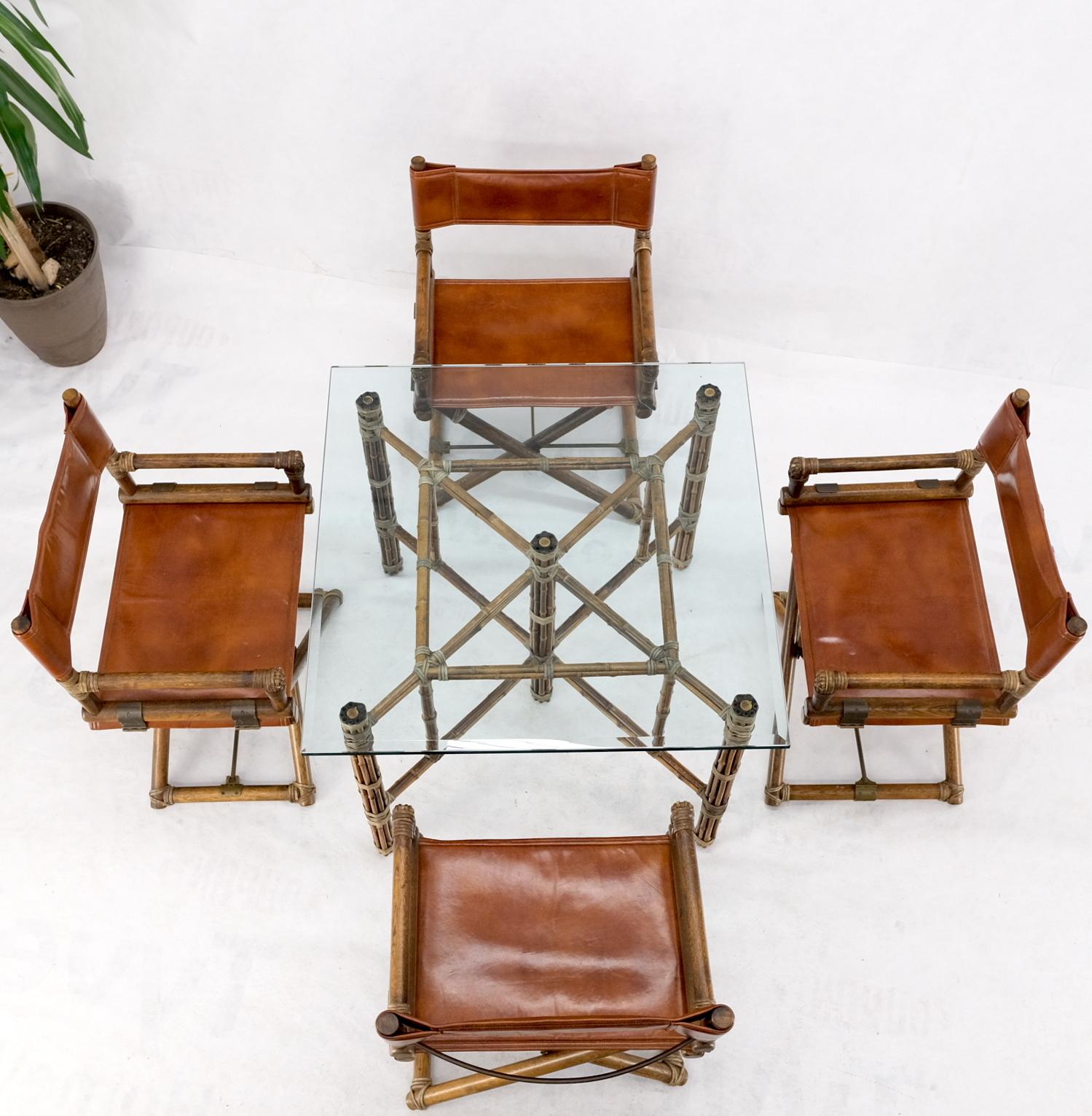 Set 4 Captain Leather Chairs Square Glass Top Dining Table Bamboo Base 1