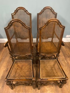 Set 4 Carved Chairs Cane Weaved Cromwellian Farmhouse 1890