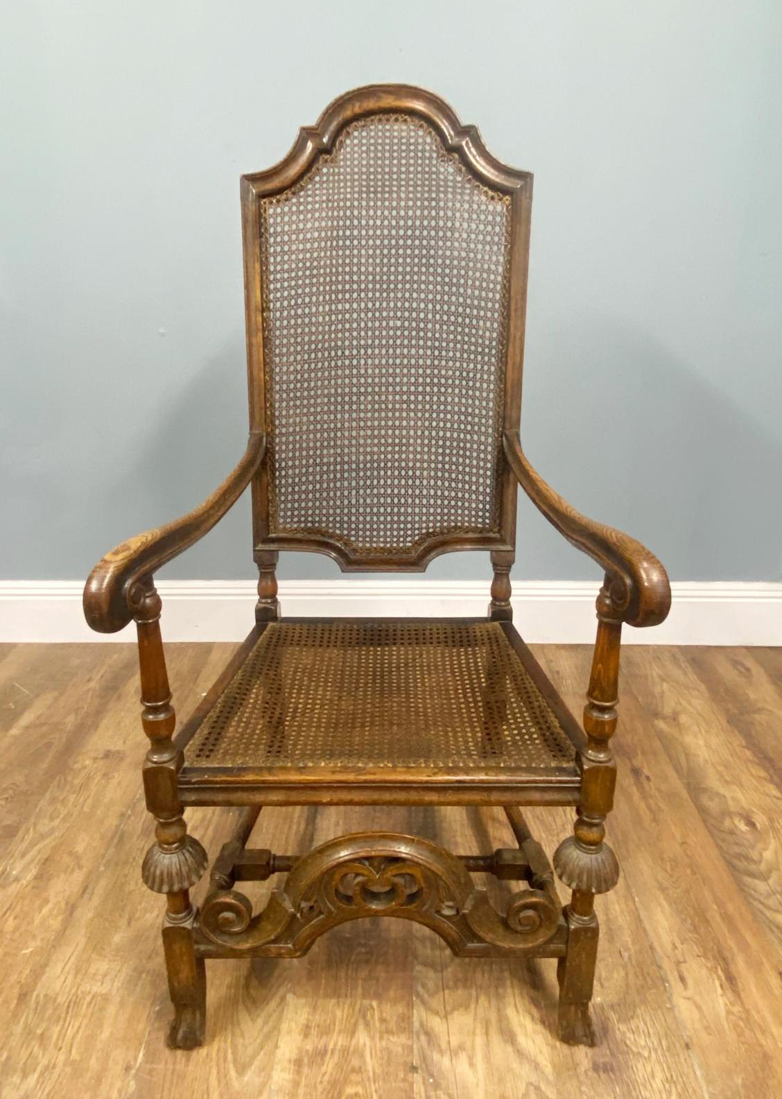 Set 4 Carved Chairs Cane Weaved Cromwellian Farmhouse 1890 (Geschnitzt) im Angebot