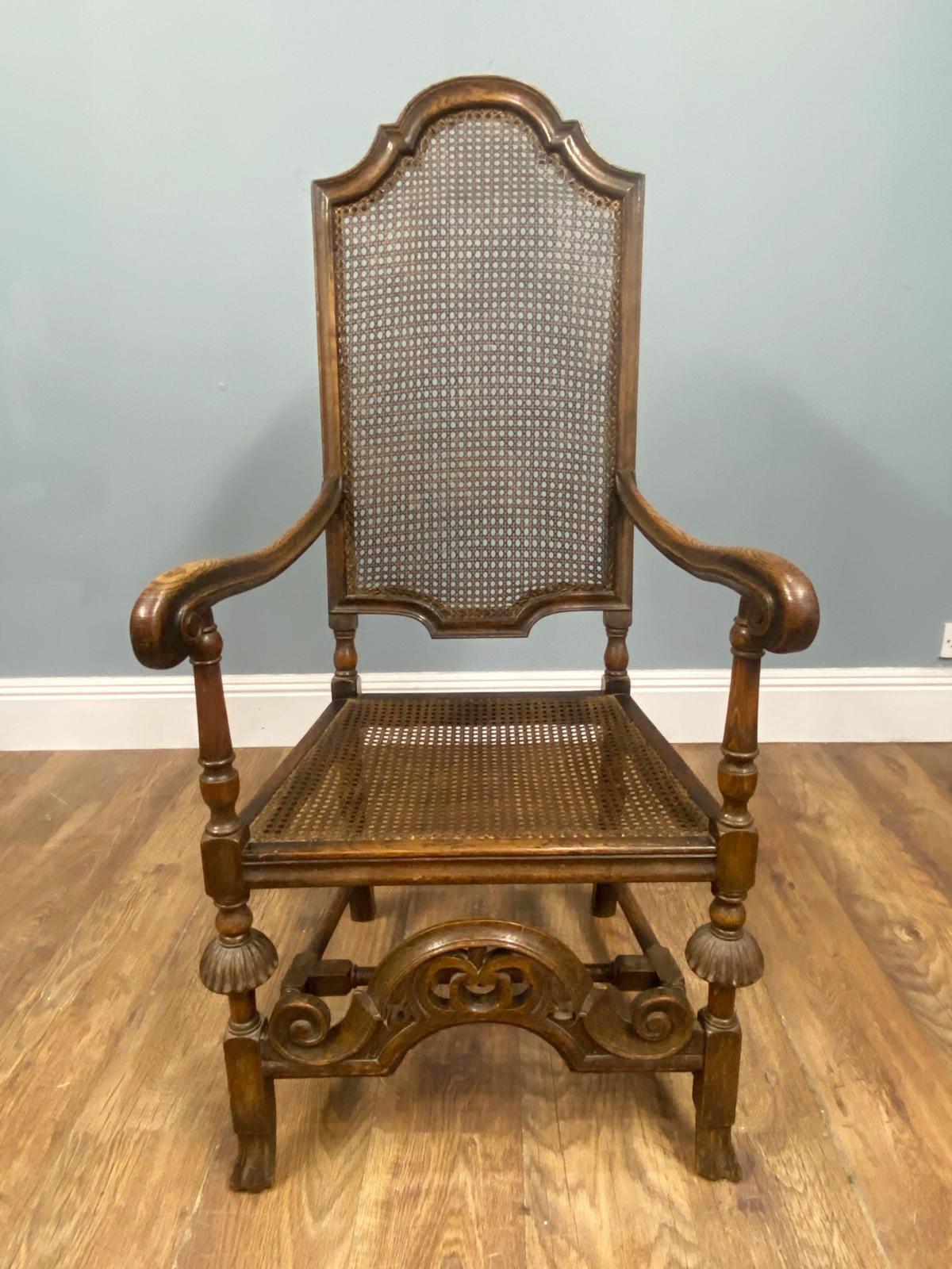 Set 4 Carved Chairs Cane Weaved Cromwellian Farmhouse 1890 (Spätes 19. Jahrhundert) im Angebot