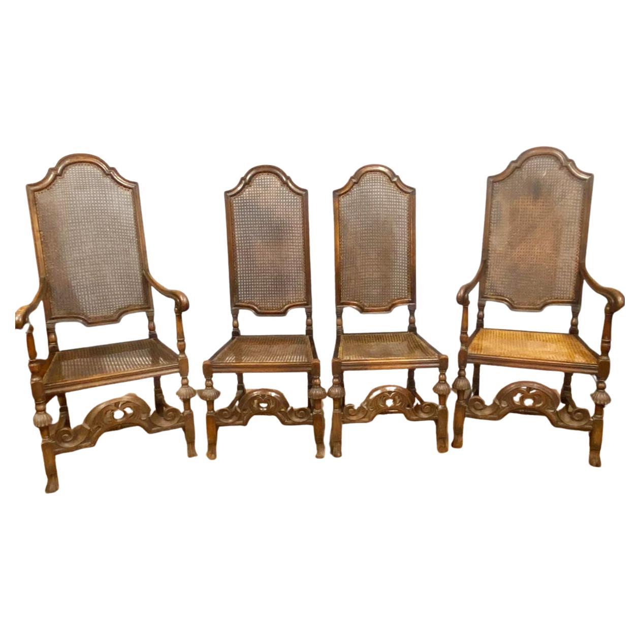 Set 4 Carved Chairs Cane Weaved Cromwellian Farmhouse 1890