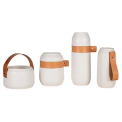 Set/4 Ceramic Vases w/ Leather, White, Handmade in Portugal by Lusitanus Home