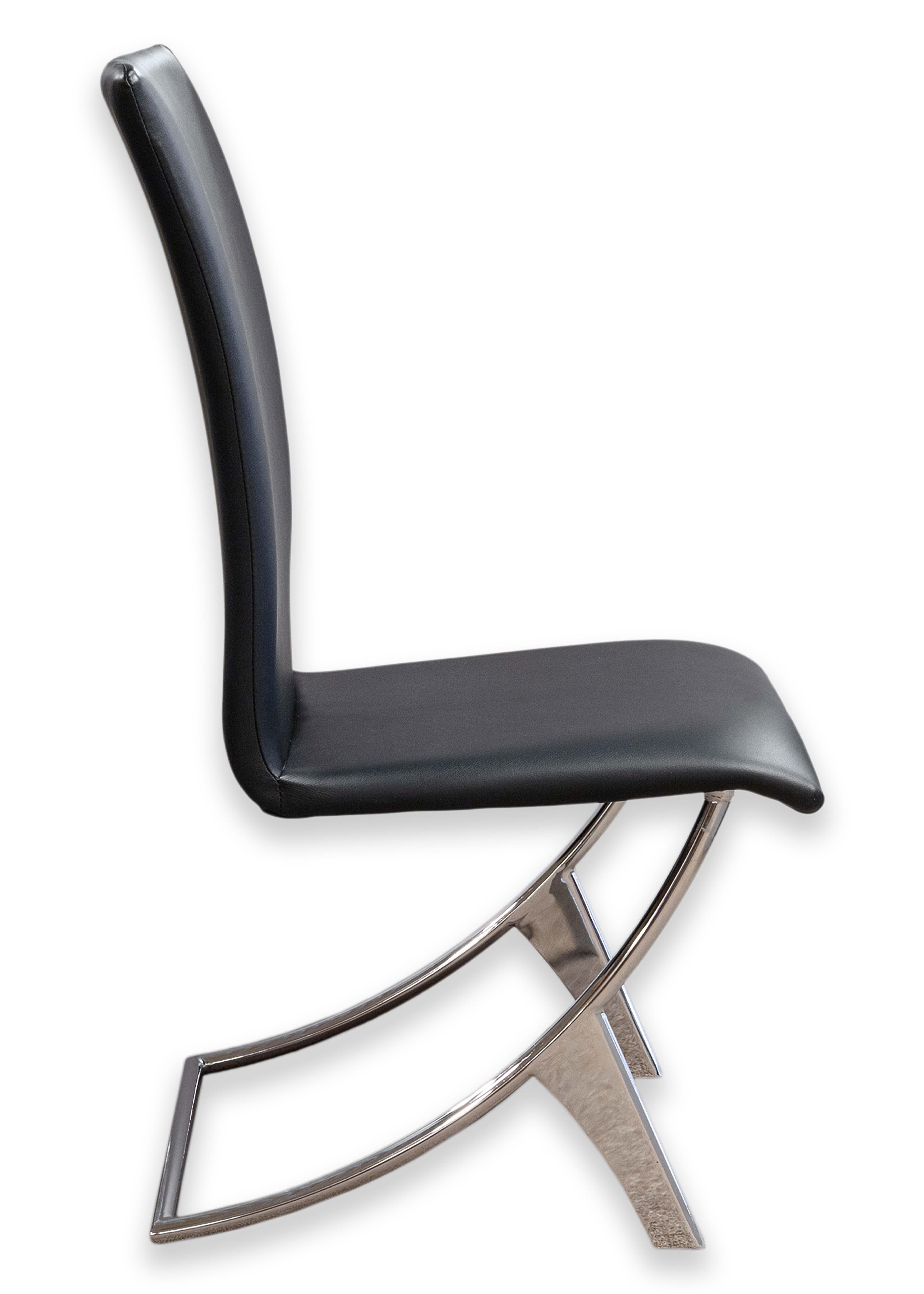 Set 4 Chrome Steel and Black Naugahyde Vinyl Contemporary Modern Dining Chairs For Sale 4