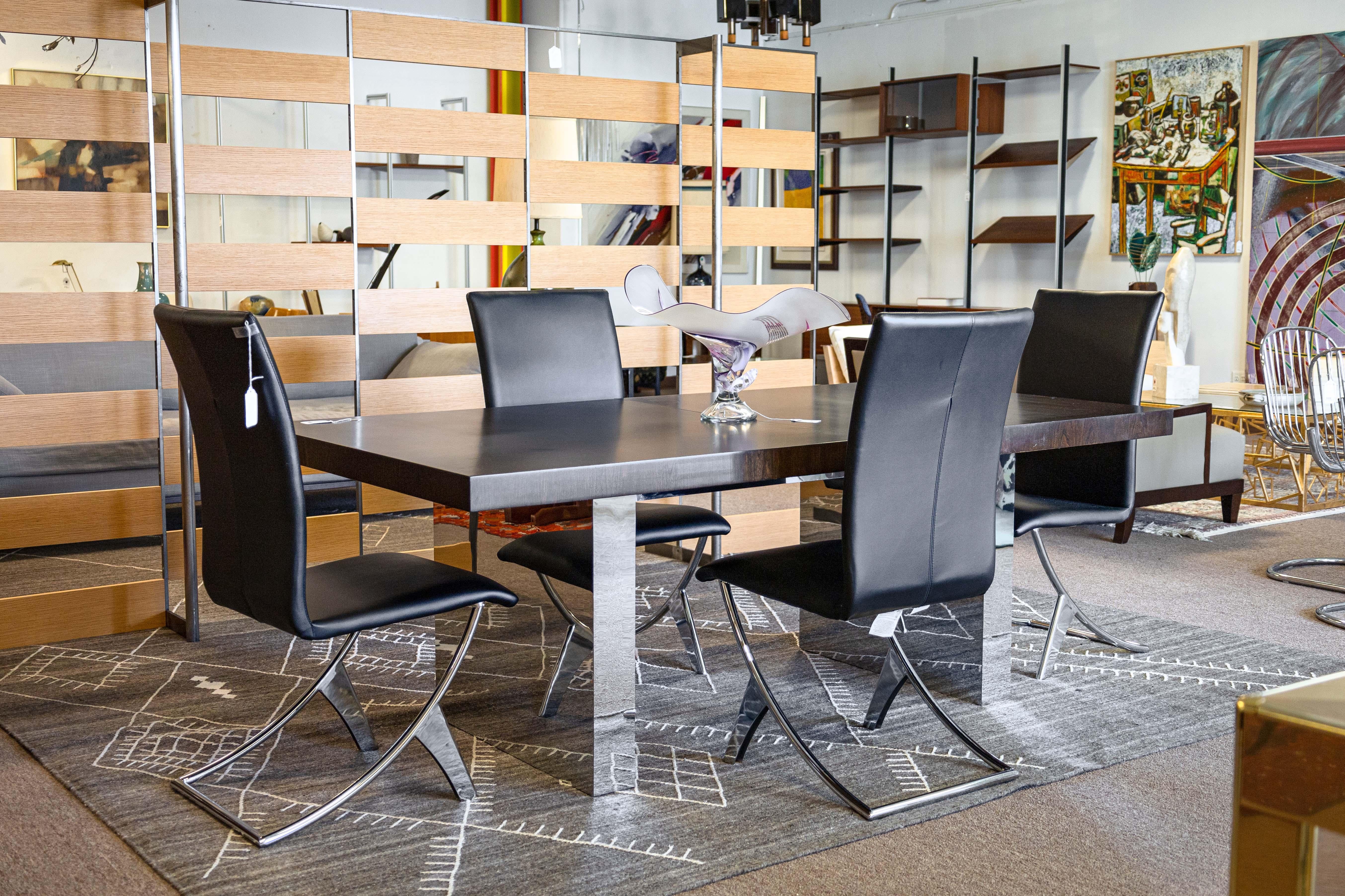 Unknown Set 4 Chrome Steel and Black Naugahyde Vinyl Contemporary Modern Dining Chairs For Sale