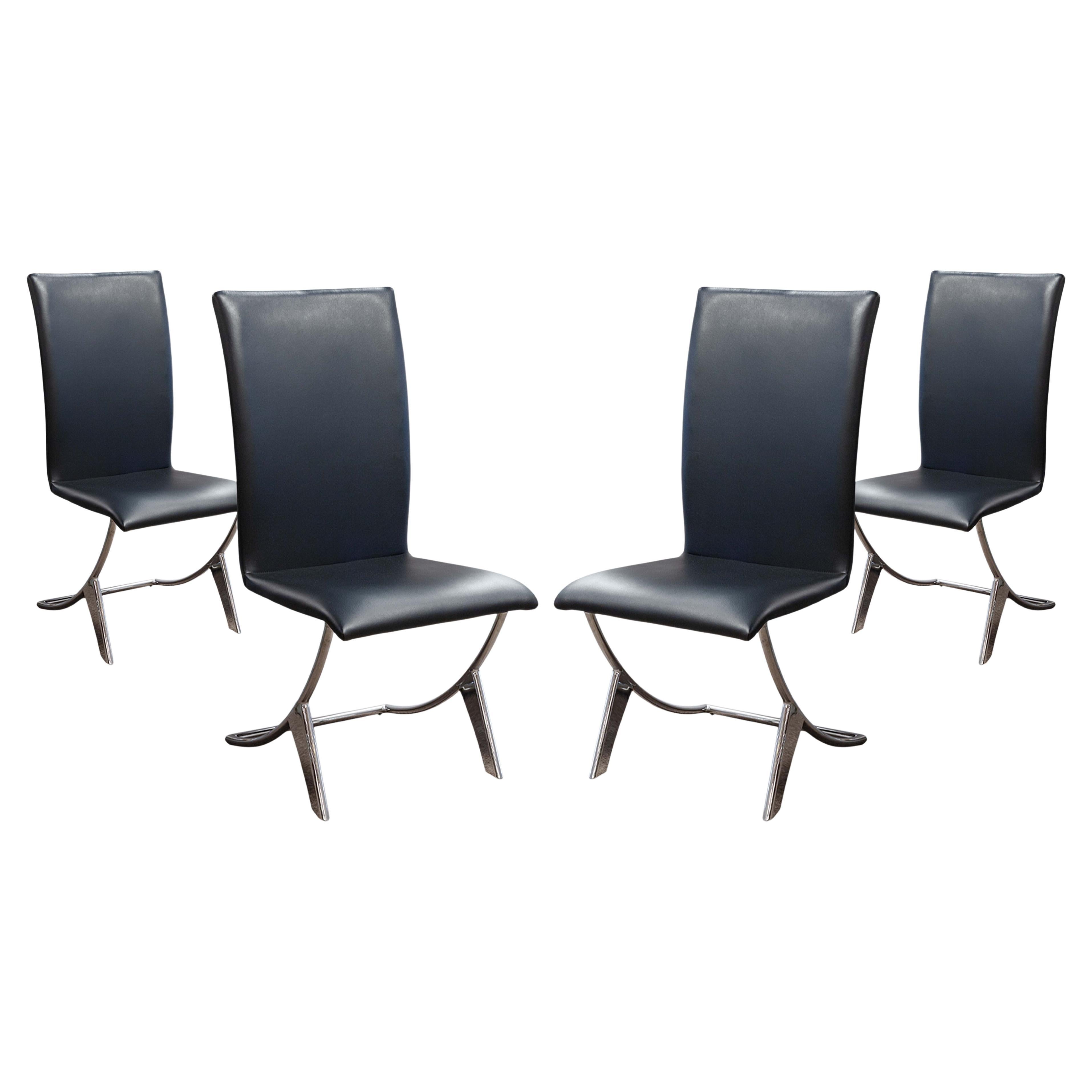 Set 4 Chrome Steel and Black Naugahyde Vinyl Contemporary Modern Dining Chairs For Sale