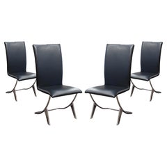 Set 4 Chrome Steel and Black Naugahyde Vinyl Contemporary Modern Dining Chairs