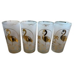 Vintage Set 4 Culver 22k Gold Flamingo Frosted Highball Glasses