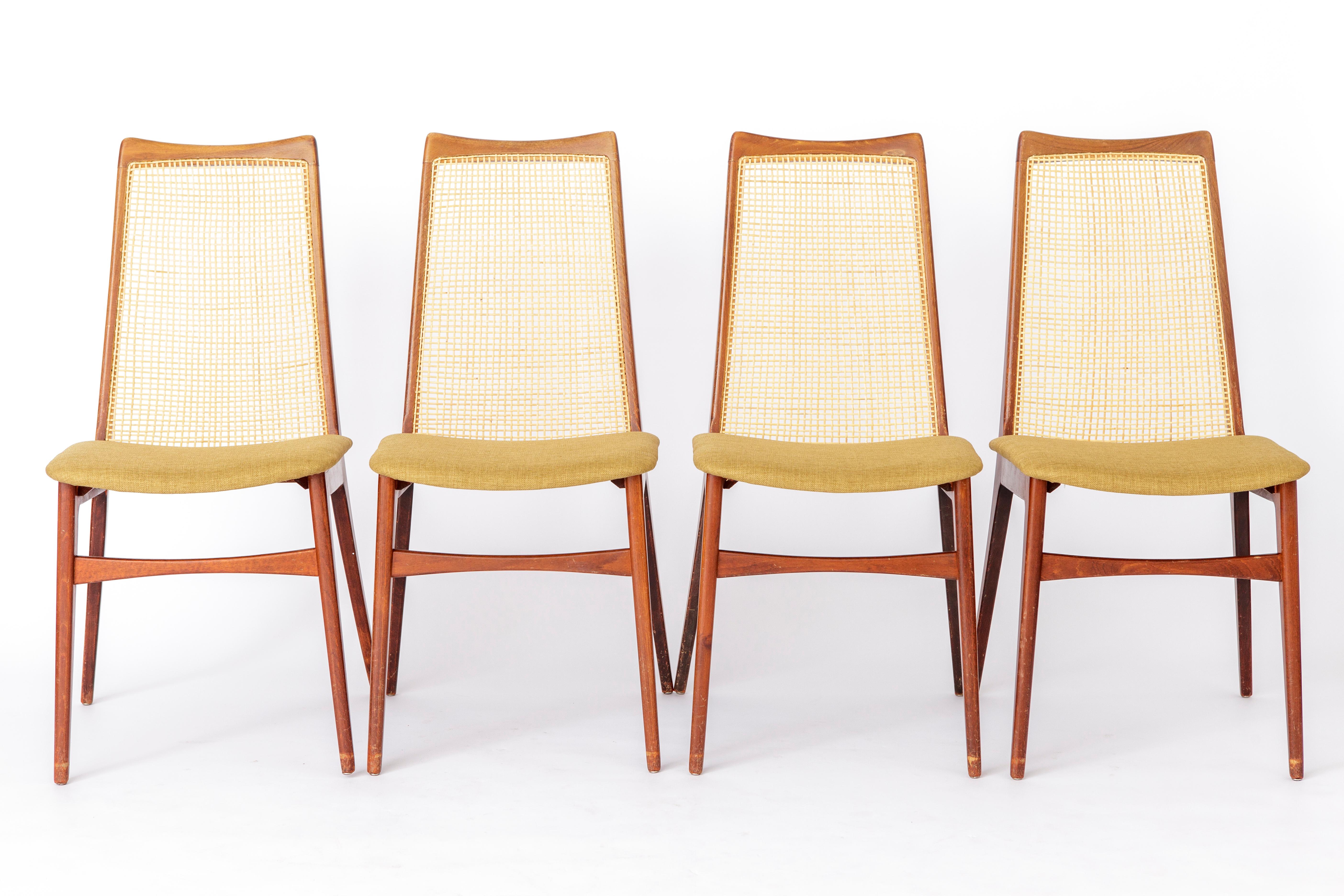 4 Vintage Chairs from the 1960s. 
Manufacturer: Wilhelm Benze GmbH, Germany
Displayed price is for a set of 4. 

Good vintage condition. 
Dark dyed beech wood. Sturdy with stable stand. 
Seats reupholstered with textile in sort of mustard color.