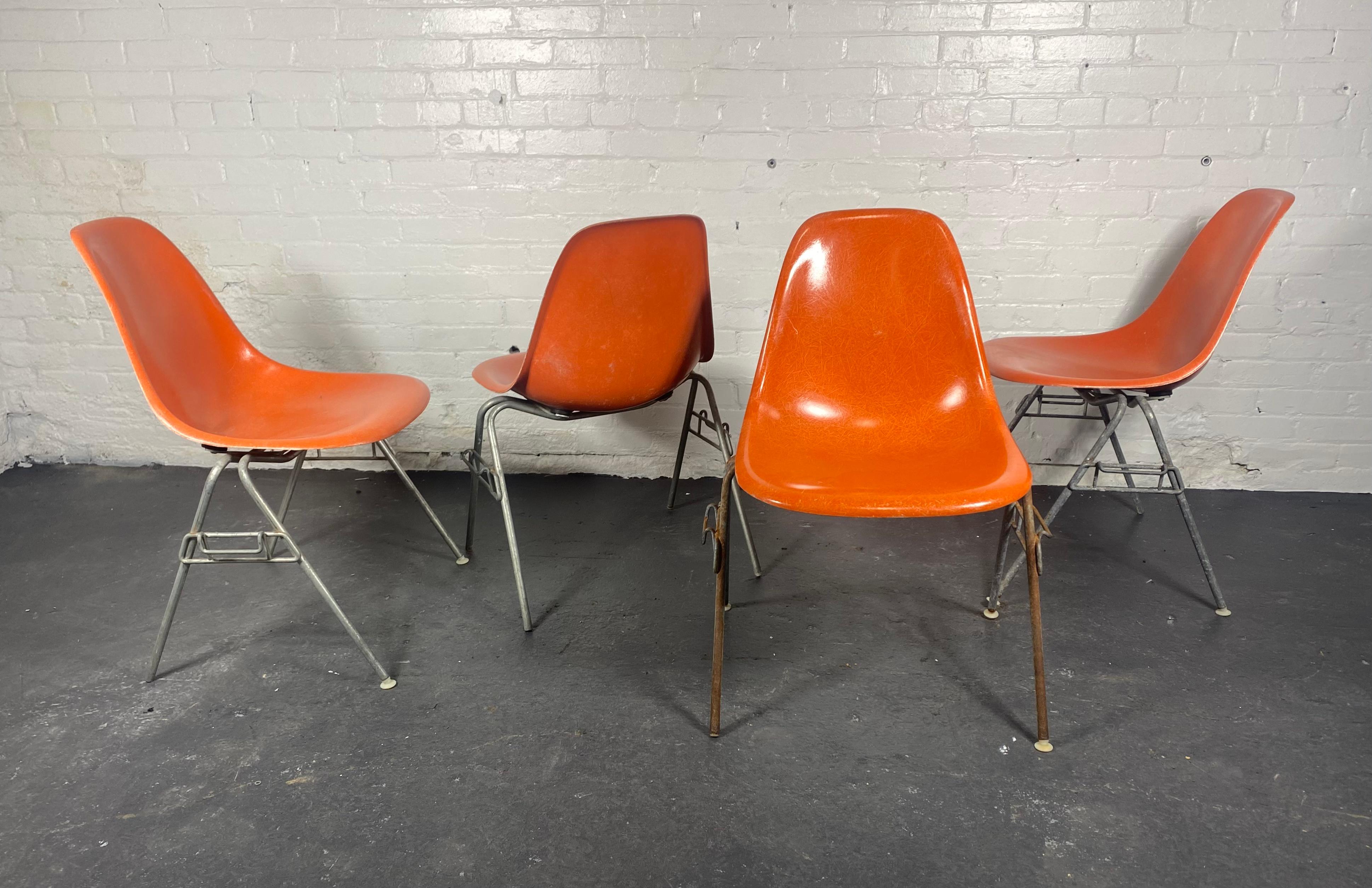 Mid-20th Century SET 4 DSS Stacking Chairs, Charles & Ray Eames, Herman Miller, Orange Fiberglass For Sale