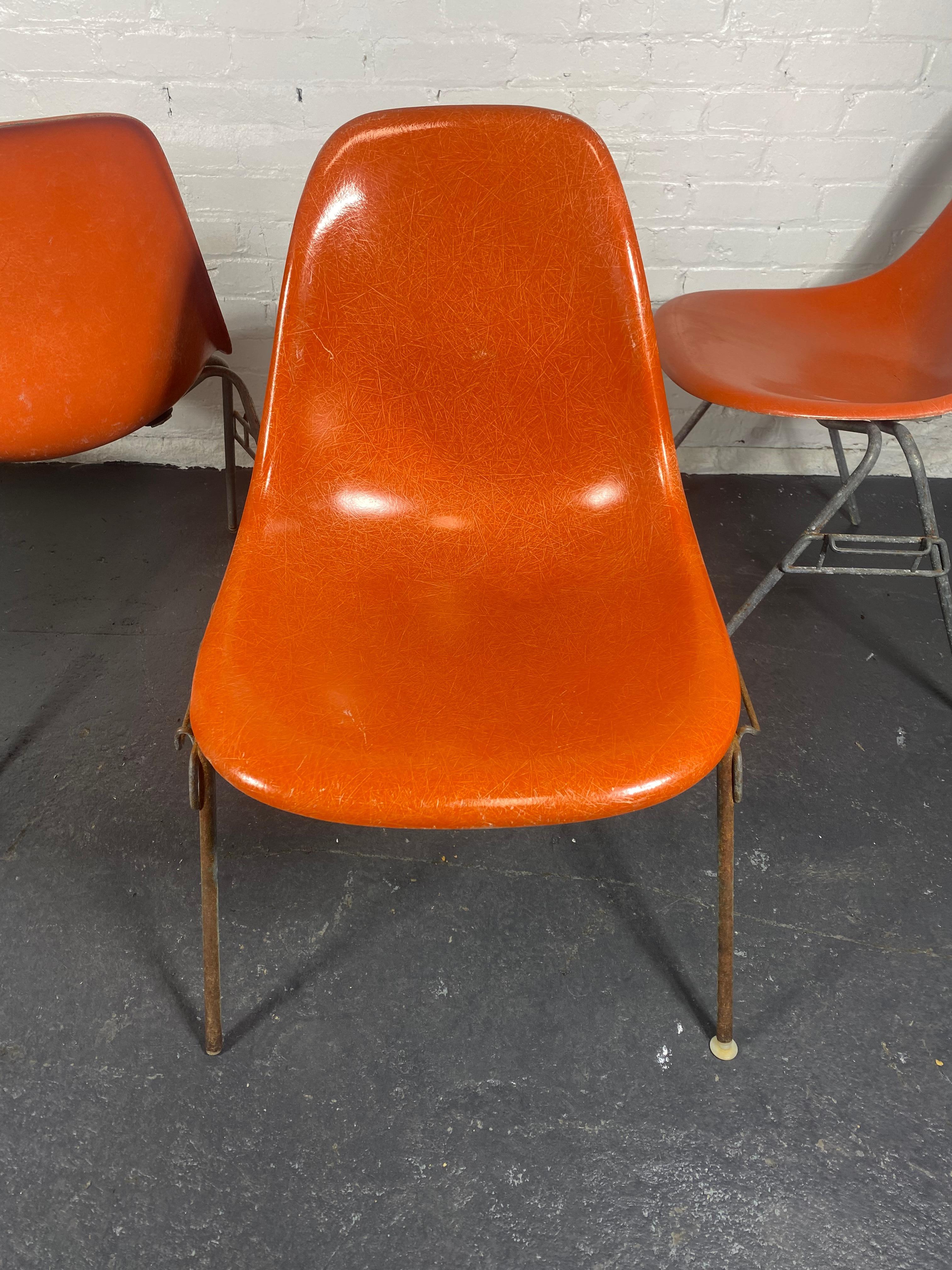 SET 4 DSS Stacking Chairs, Charles & Ray Eames, Herman Miller, Orange Fiberglass For Sale 1