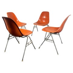 SET 4 DSS Stacking Chairs, Charles & Ray Eames, Herman Miller, Orange Fiberglass