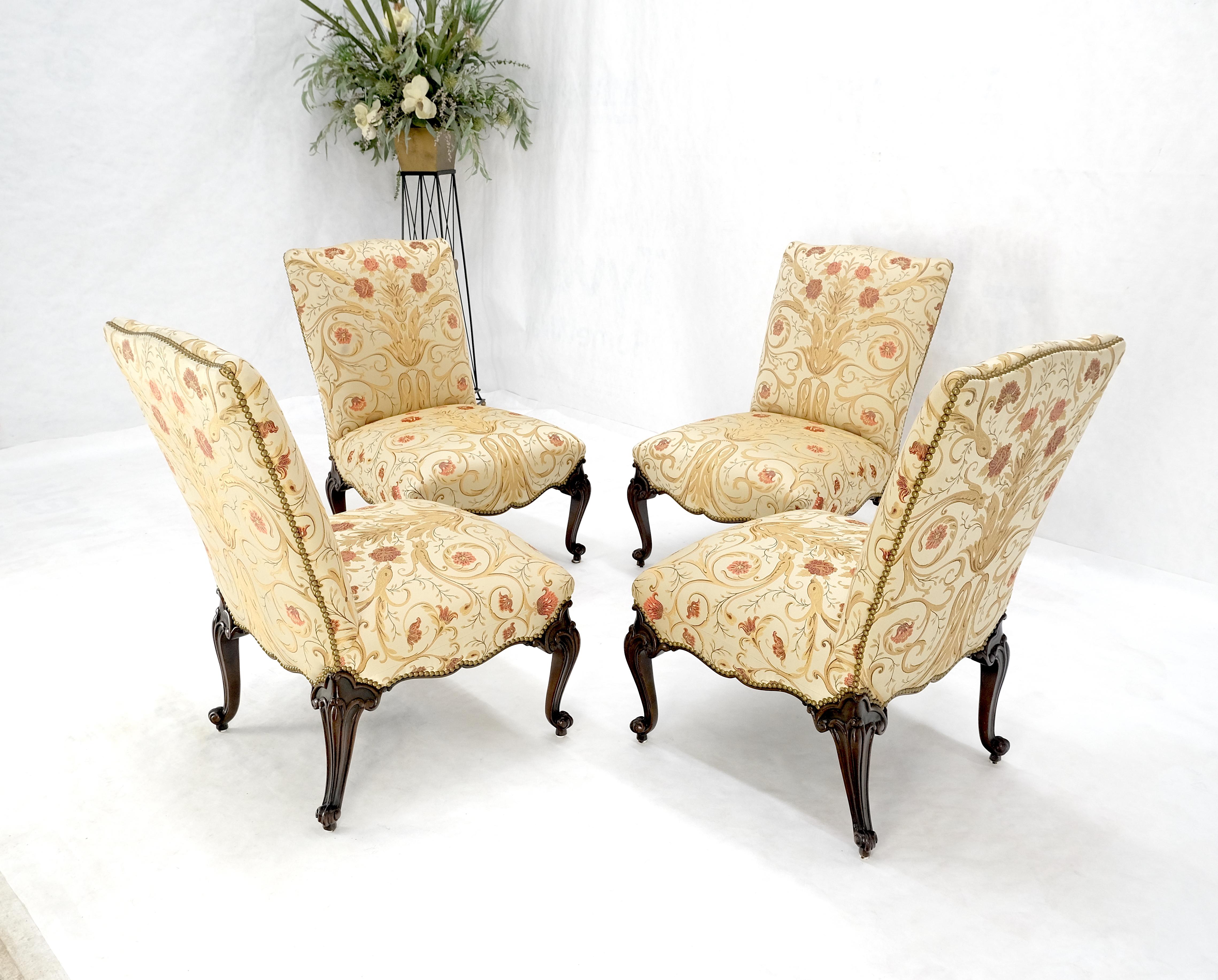 Set 4 Floral Gold & Red Upholstery Fine Carved Legs Slipper Lounge Chairs MINT! For Sale 5