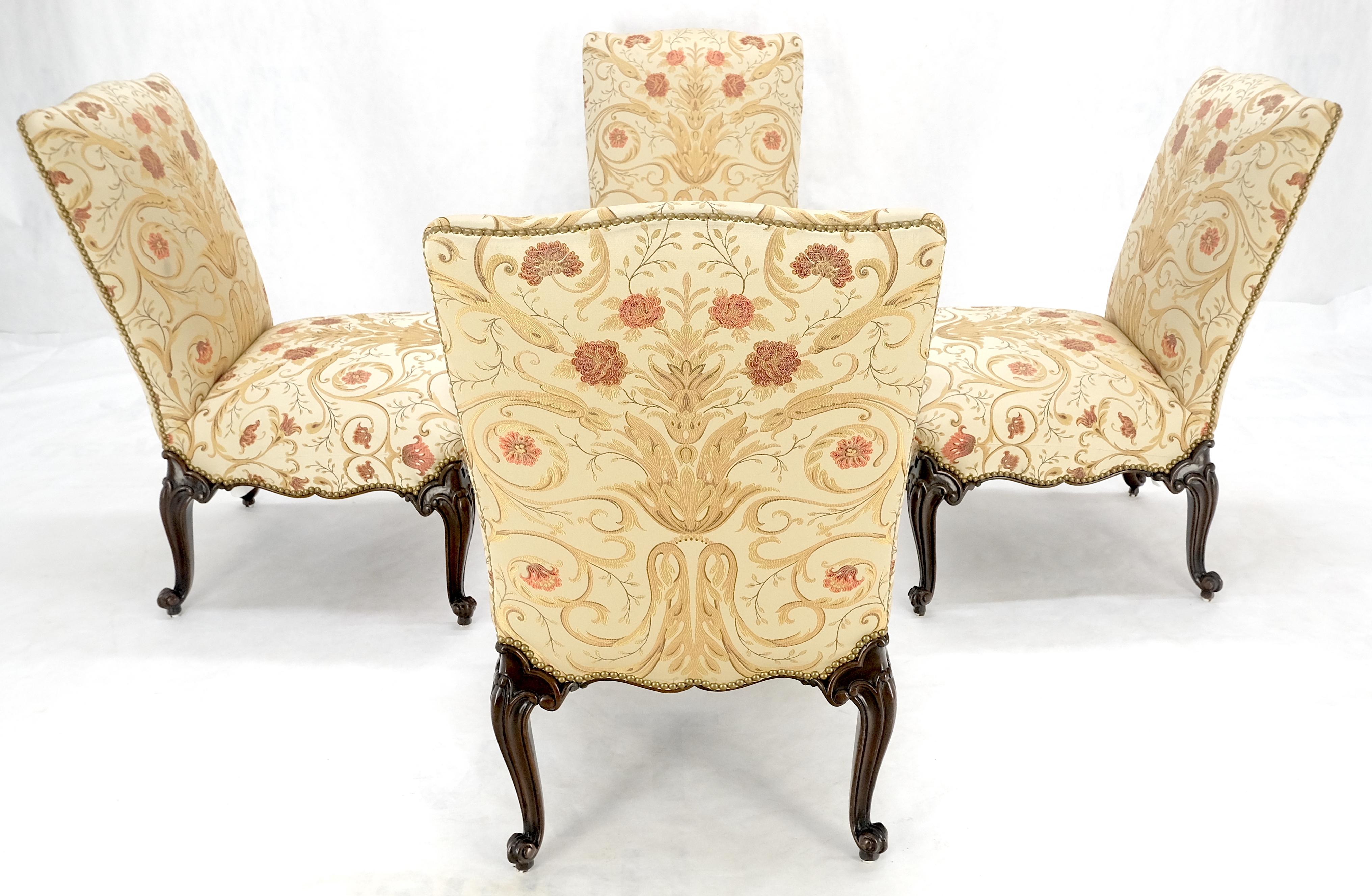 Set 4 Floral Gold & Red Upholstery Fine Carved Legs Slipper Lounge Chairs MINT! For Sale 2