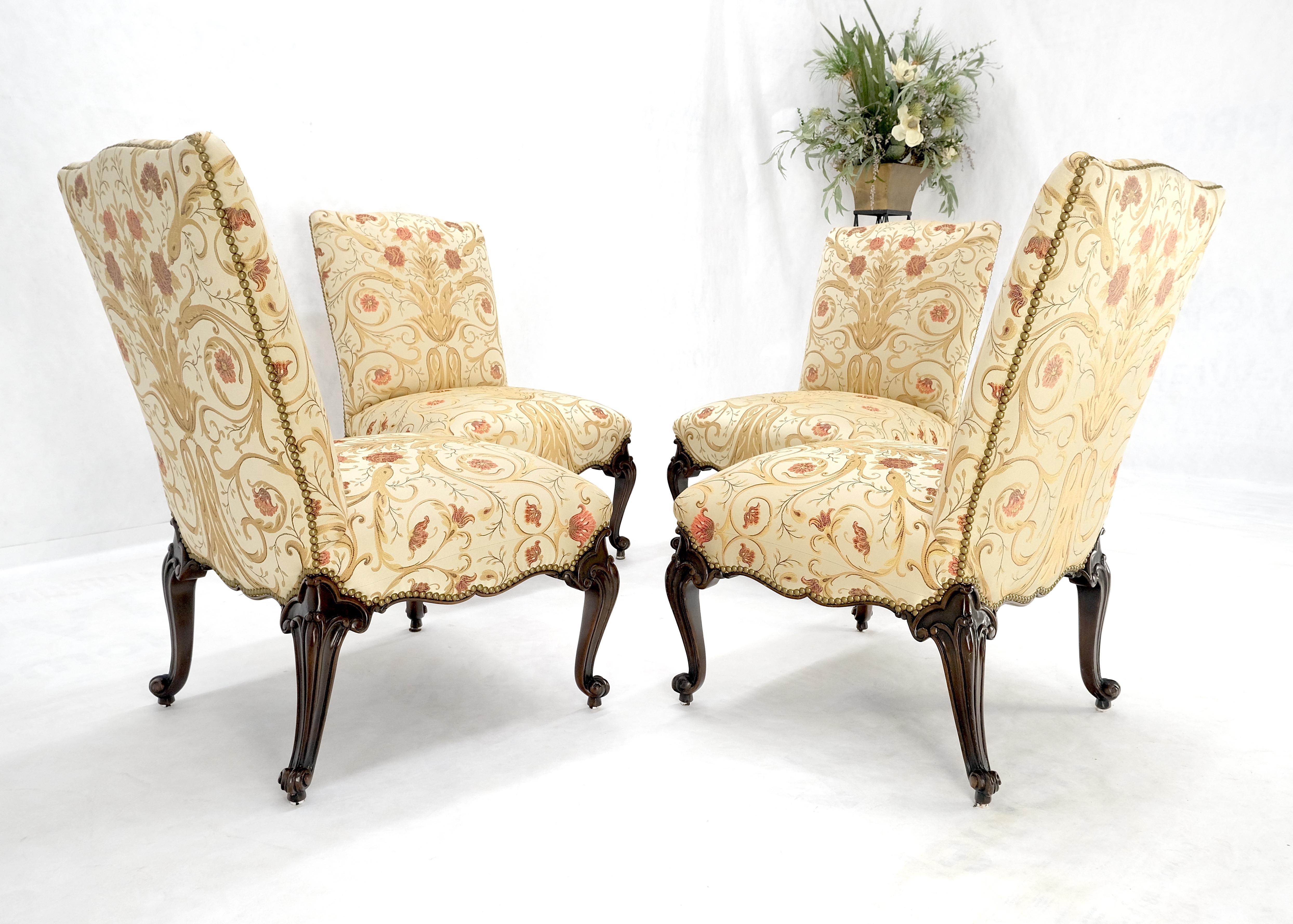 Set 4 Floral Gold & Red Upholstery Fine Carved Legs Slipper Lounge Chairs MINT! For Sale 4
