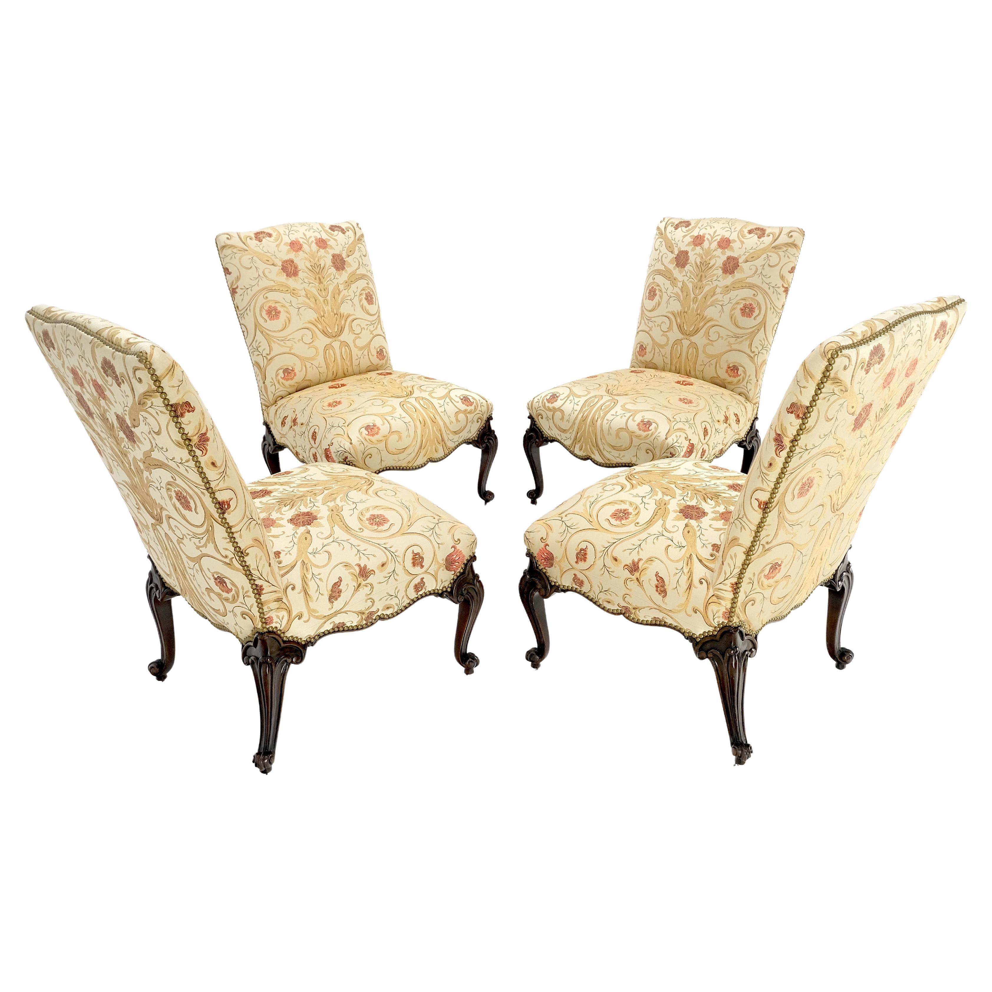 Set 4 Floral Gold & Red Upholstery Fine Carved Legs Slipper Lounge Chairs MINT! For Sale