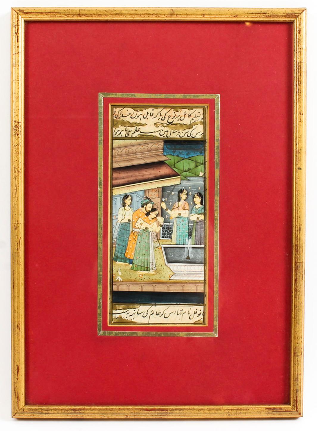 A beautiful and rare set of four 19th century miniature paintings of scenes from the Mughal harem, attractively matted in giltwood frames.

Painted on paper, likely with squirrel or kitten hair brushes.

The paintings are in excellent condition for