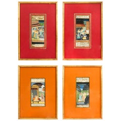 Set 4 Framed 19th Century Antique Indian Miniature Paintings Mughal Harem Scenes