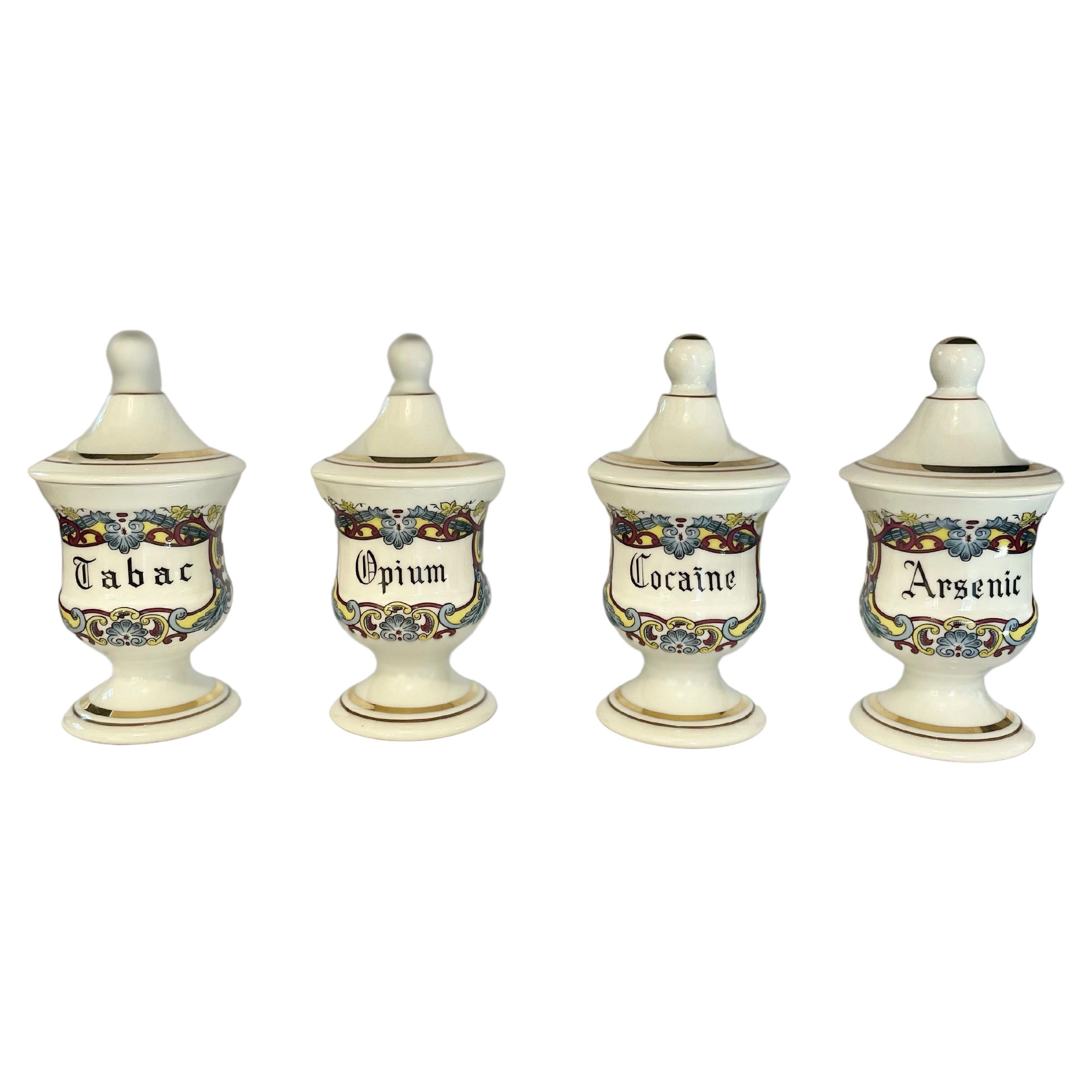 Set 4 French Apothecary Jars Cocaine Opium Arsenic Tabac 19th Porcelain Limoges 4