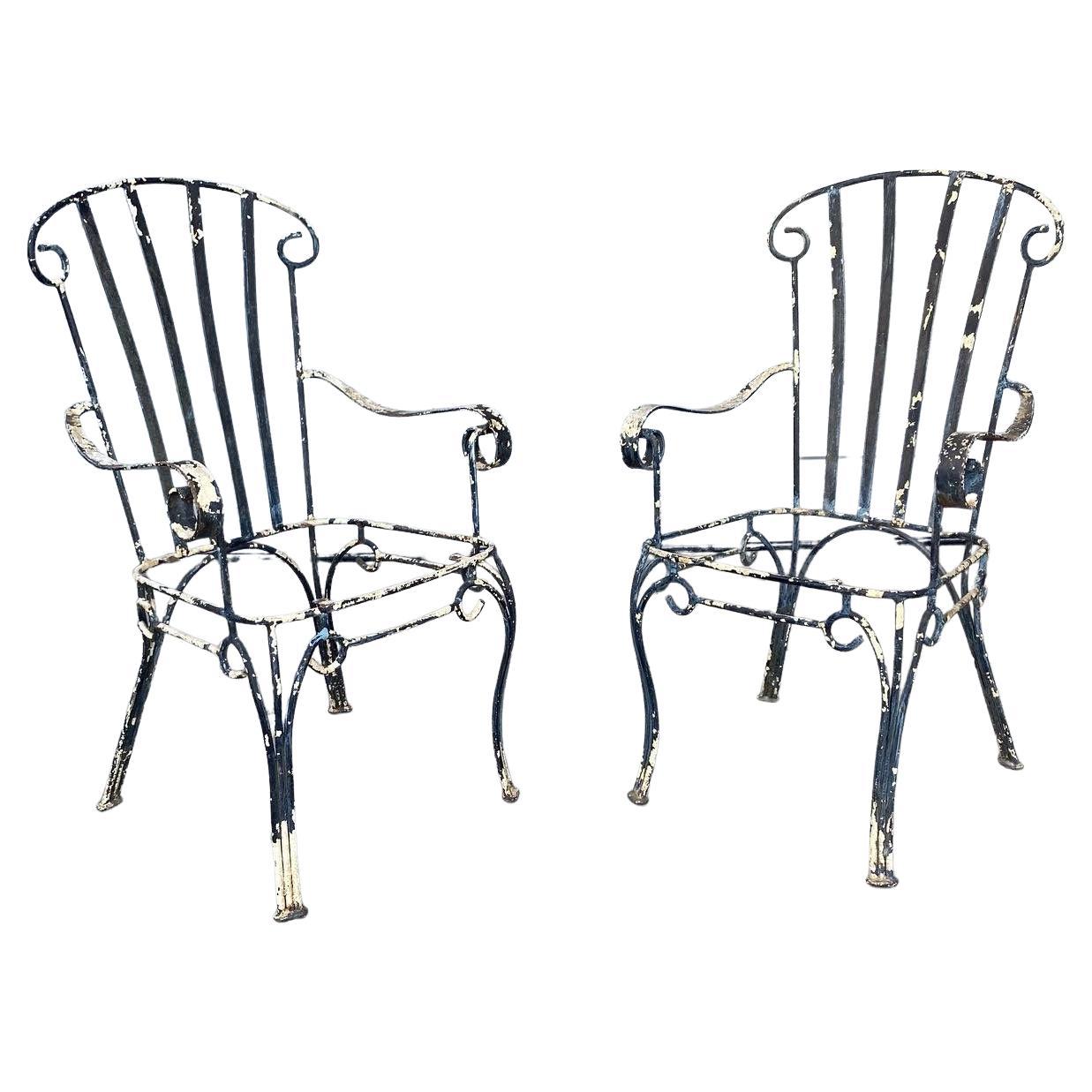 Set 4 French / Italian Iron Garden Arm Chairs, Possibly Salterini