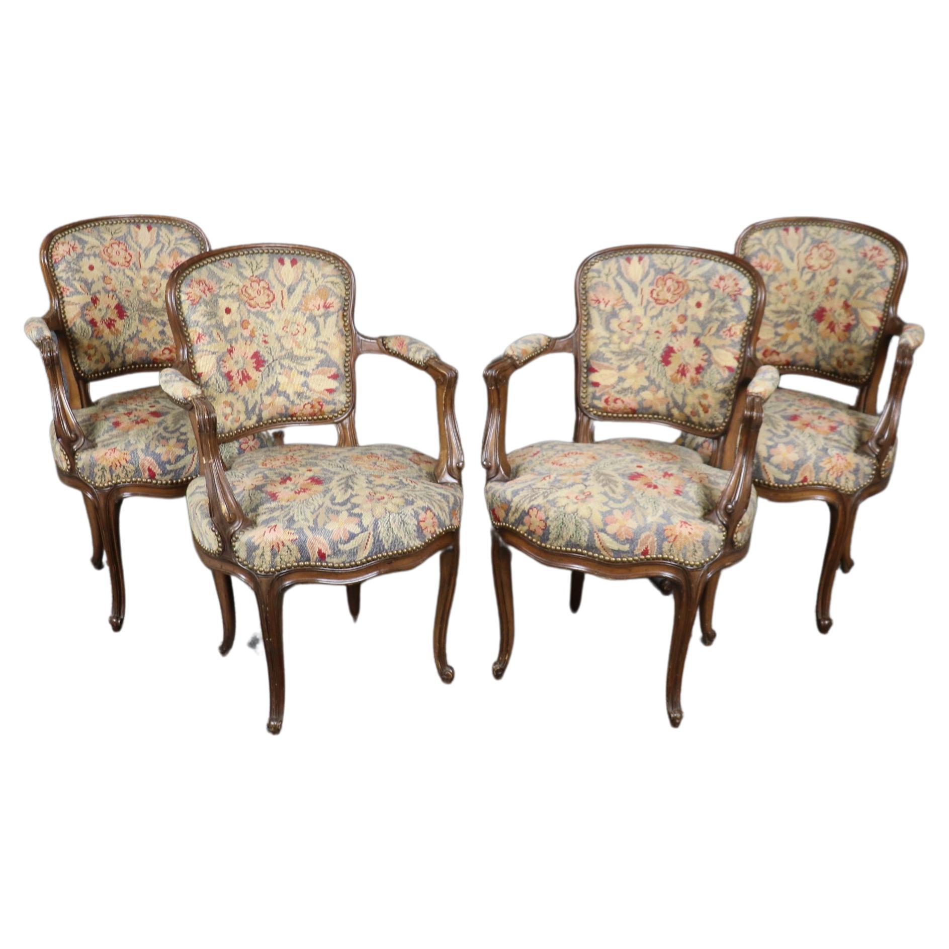 Set 4 French Louis XV Style Carved Walnut Needlepoint Upholstered Dining Chairs