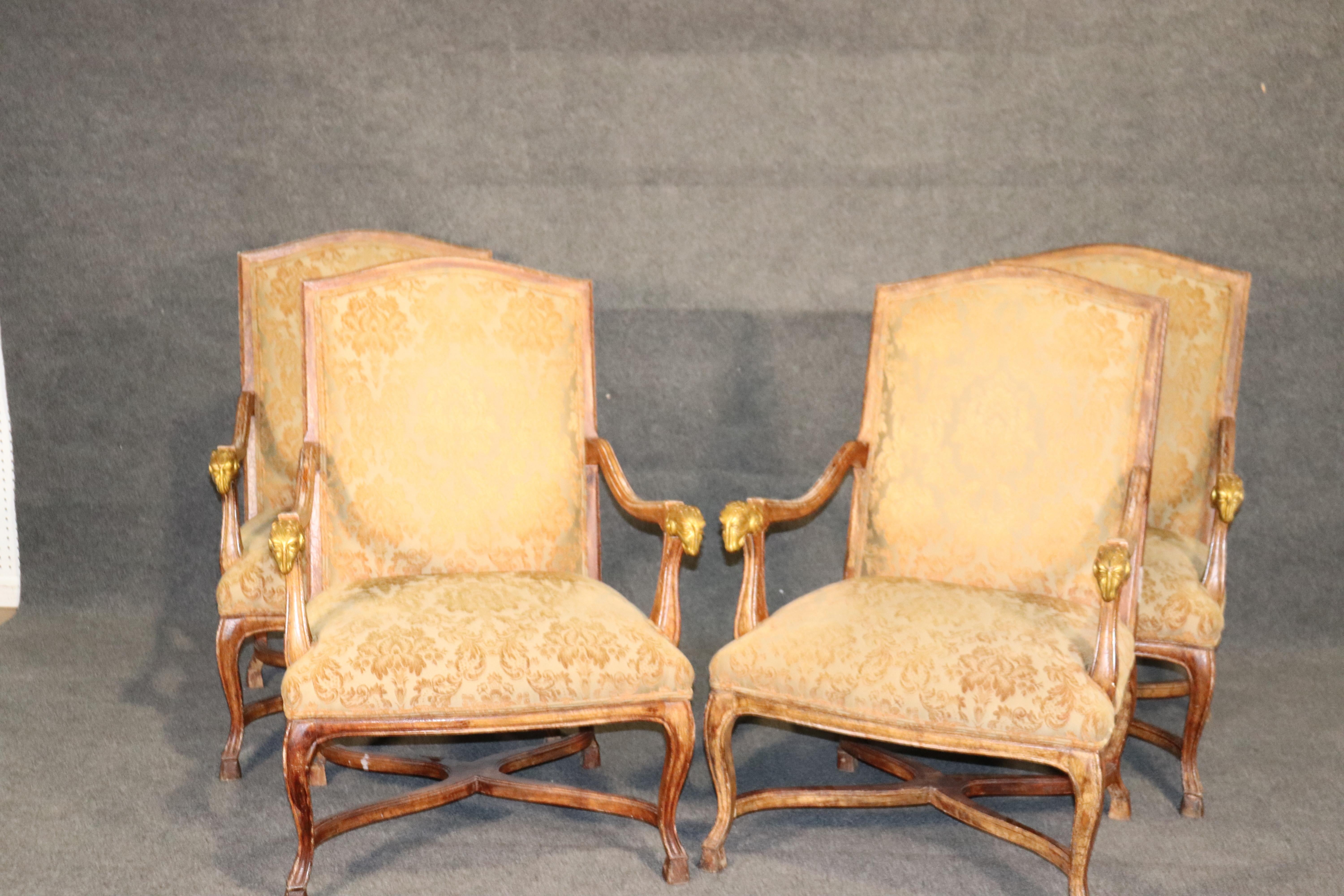 Set 4 French Paint Decorated Giltwood Rams Head Armchairs Dining Office Chairs For Sale 6