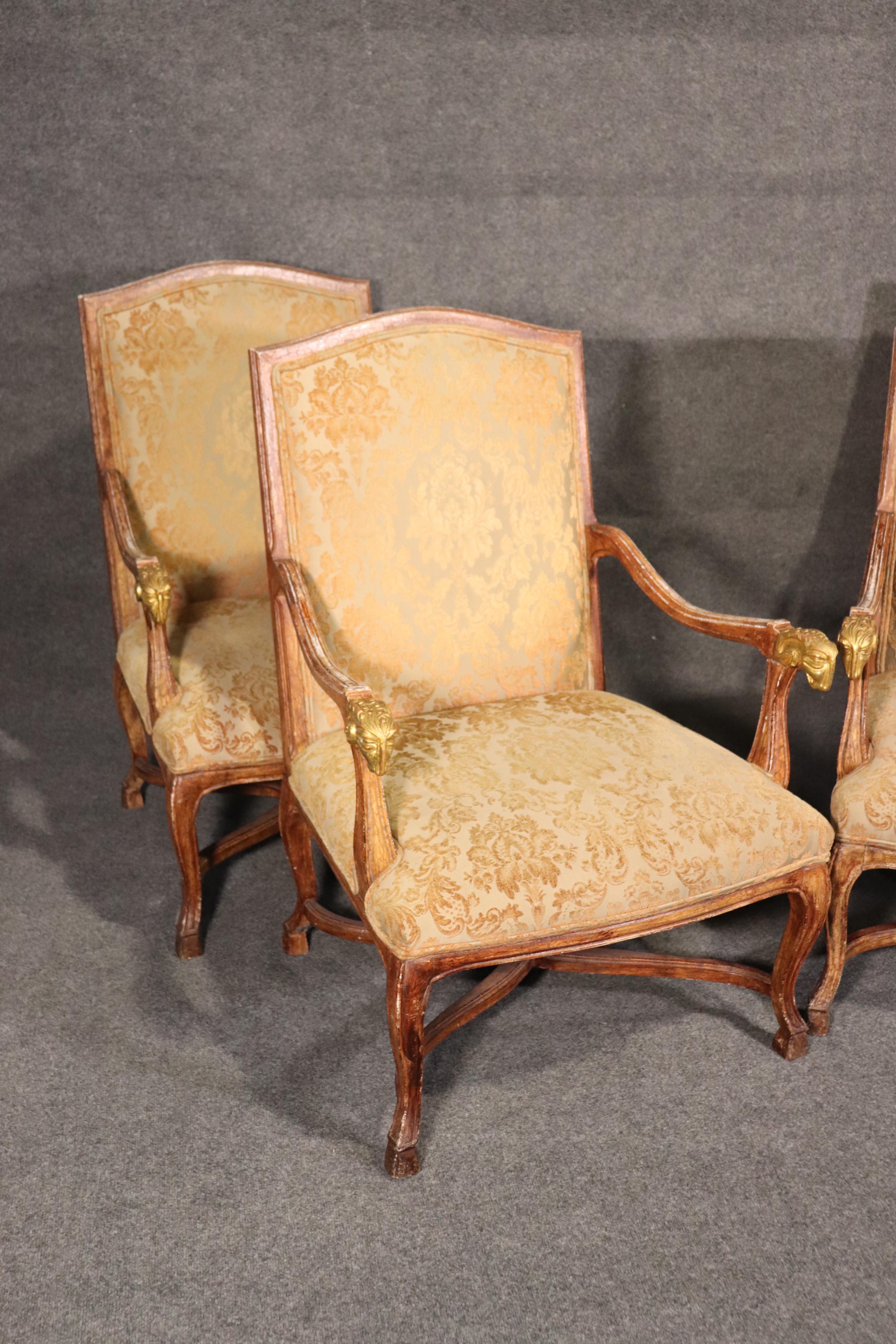 Mid-20th Century Set 4 French Paint Decorated Giltwood Rams Head Armchairs Dining Office Chairs For Sale