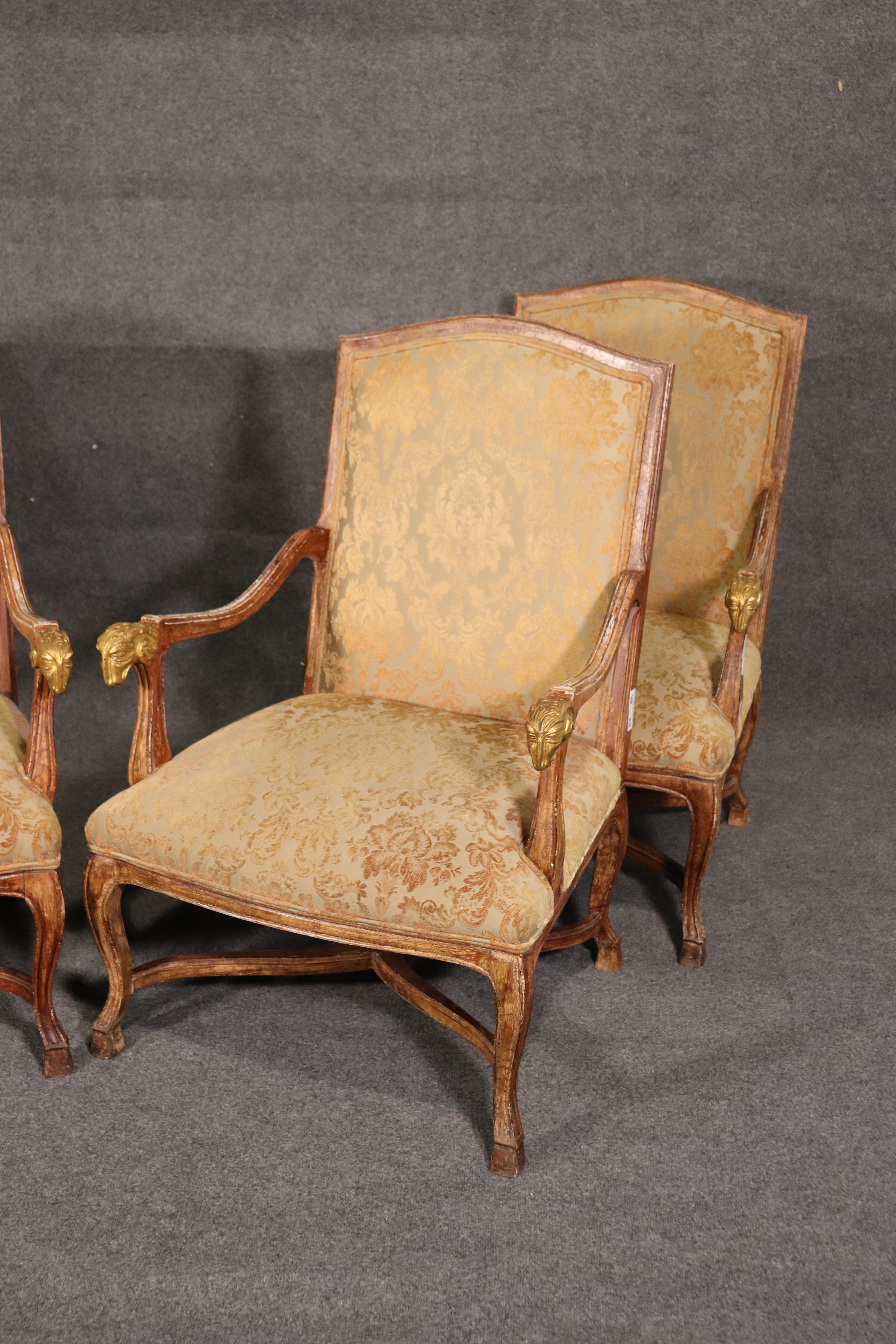 Walnut Set 4 French Paint Decorated Giltwood Rams Head Armchairs Dining Office Chairs For Sale