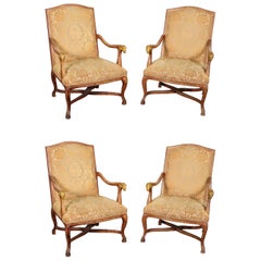 Vintage Set 4 French Paint Decorated Giltwood Rams Head Armchairs Dining Office Chairs