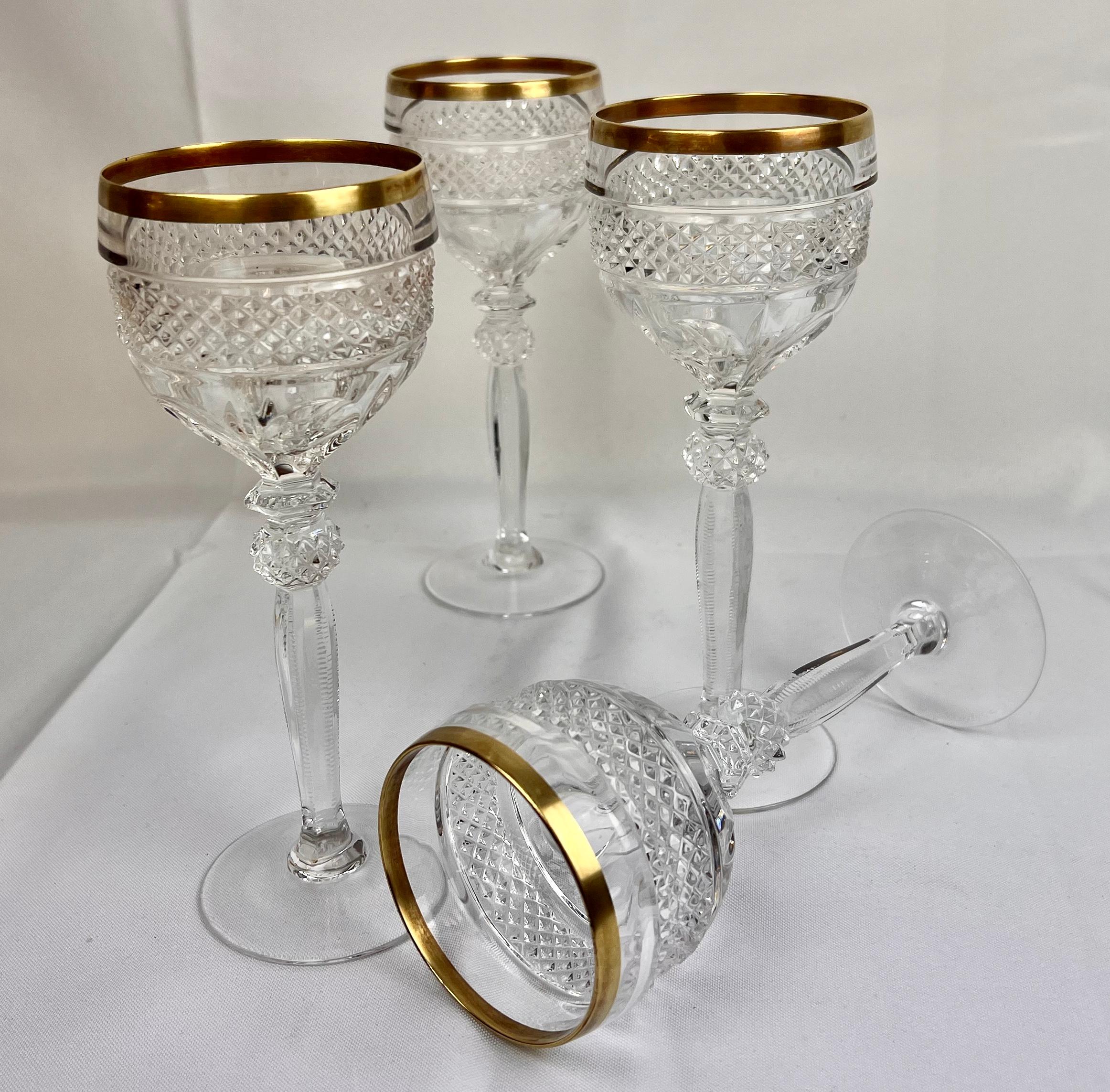 Cut Crystal Wine Glasses with Gilt Edge-Set of Four In Good Condition For Sale In West Palm Beach, FL