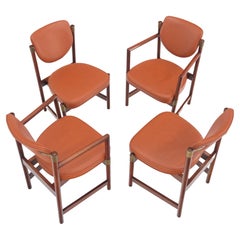 Set 4 Grosfeld House Brick Leather Upholstery Brass Accents Dining Chairs MINT!