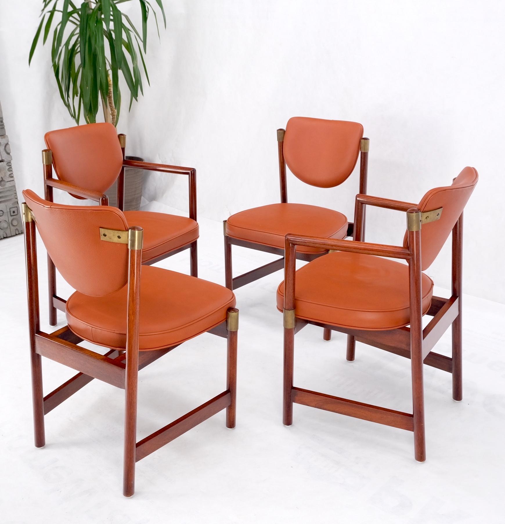 Mid-Century Modern Set 4 Grosfeld House Brick Leather Upholstery Brass Accents Dining Chairs MINT! For Sale