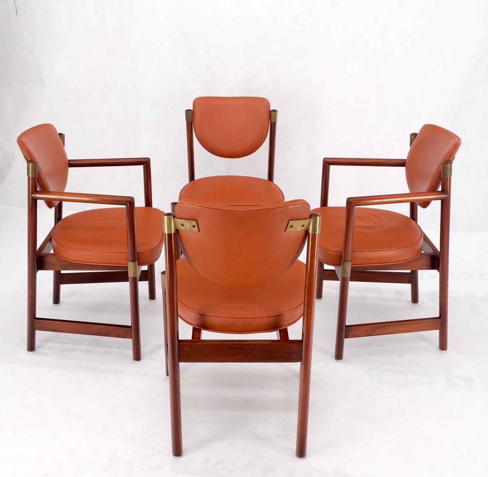 Lacquered Set 4 Grosfeld House Brick Leather Upholstery Brass Accents Dining Chairs MINT! For Sale
