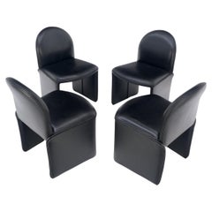 Vintage Set 4 Italian Mid Century Modern Black Leather Dining Chairs Bellini Style MINT!