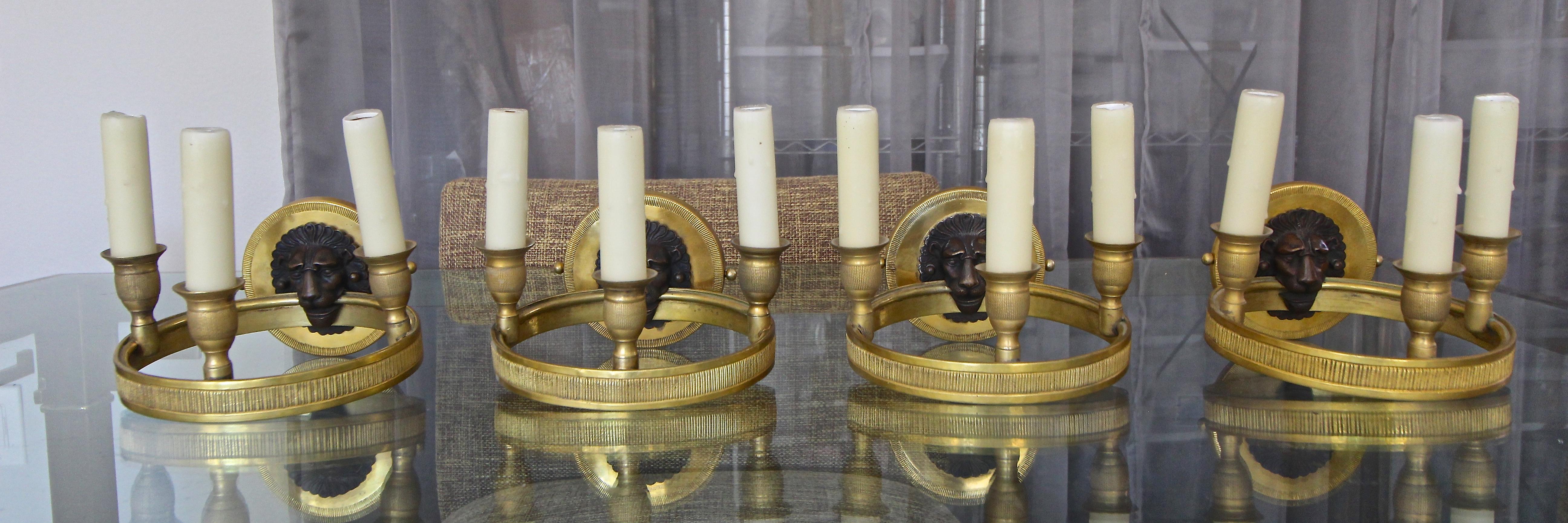 Brass Set of 4 Maison Baguès Style French 3-Light Lion Wall Sconces For Sale