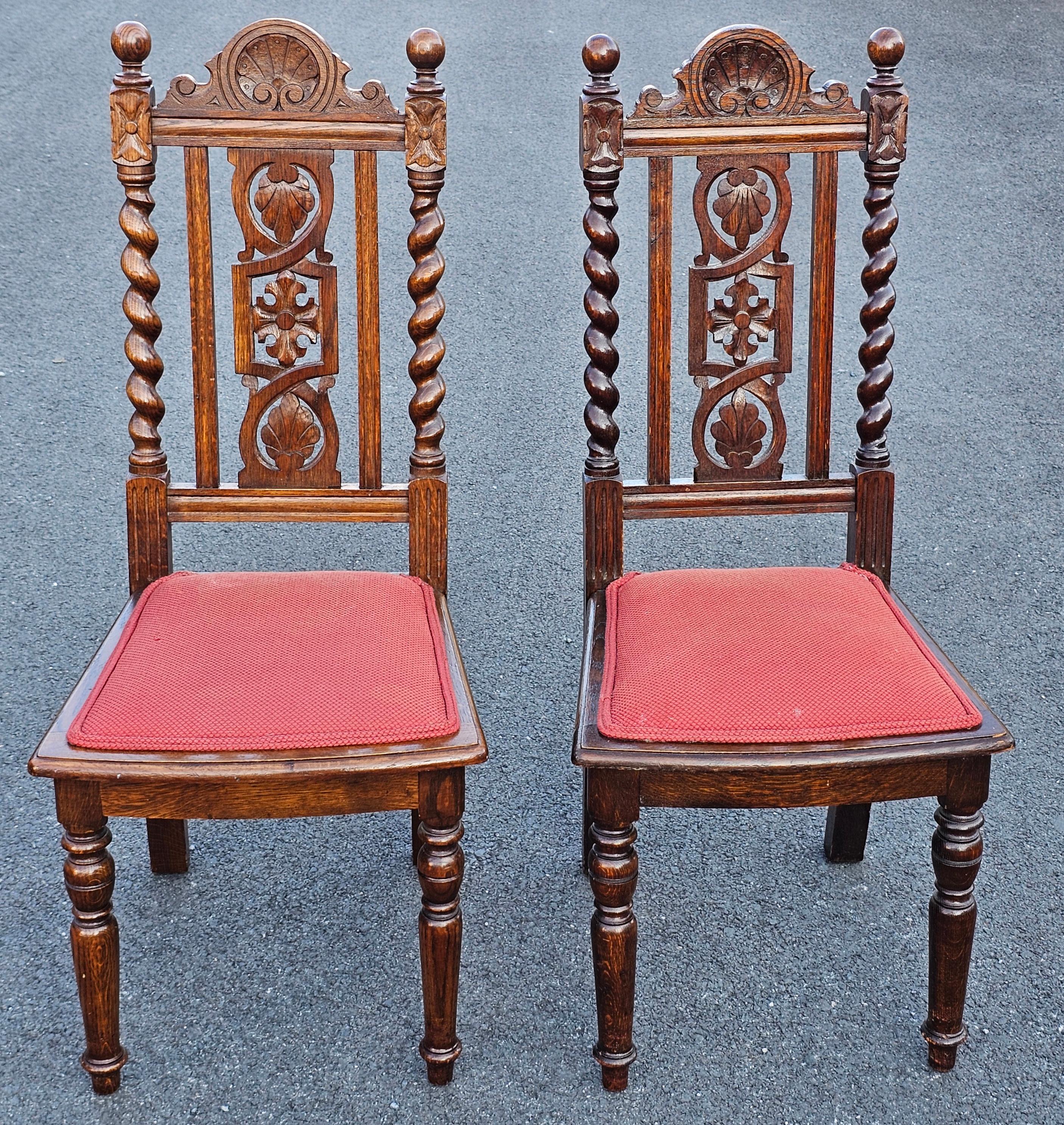 Stained Set 4 Mid 20th C. Jacobean Style Carved and Barley Twist Oak Upholstered Chairs For Sale