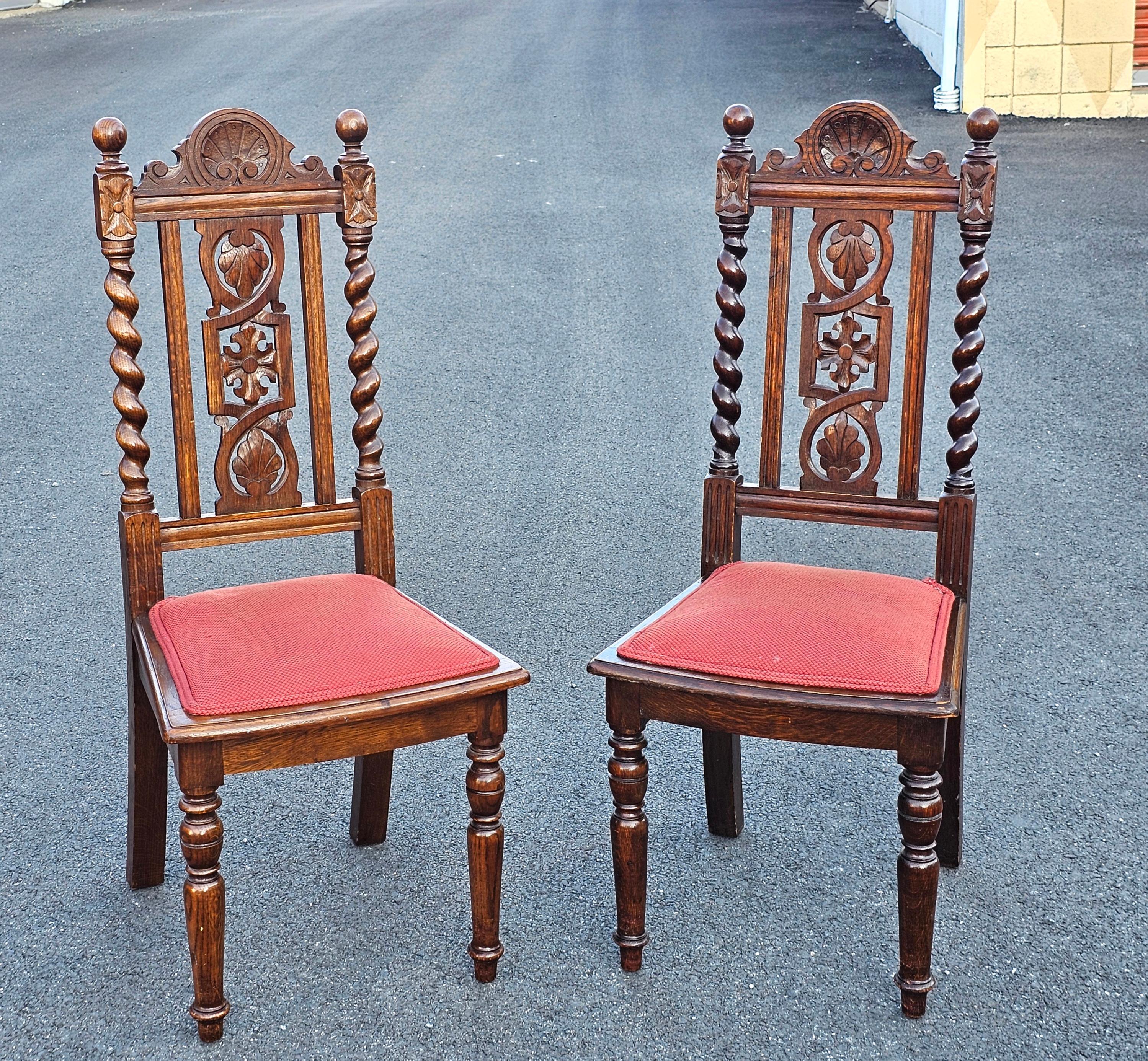 Set 4 Mid 20th C. Jacobean Style Carved and Barley Twist Oak Upholstered Chairs In Good Condition For Sale In Germantown, MD
