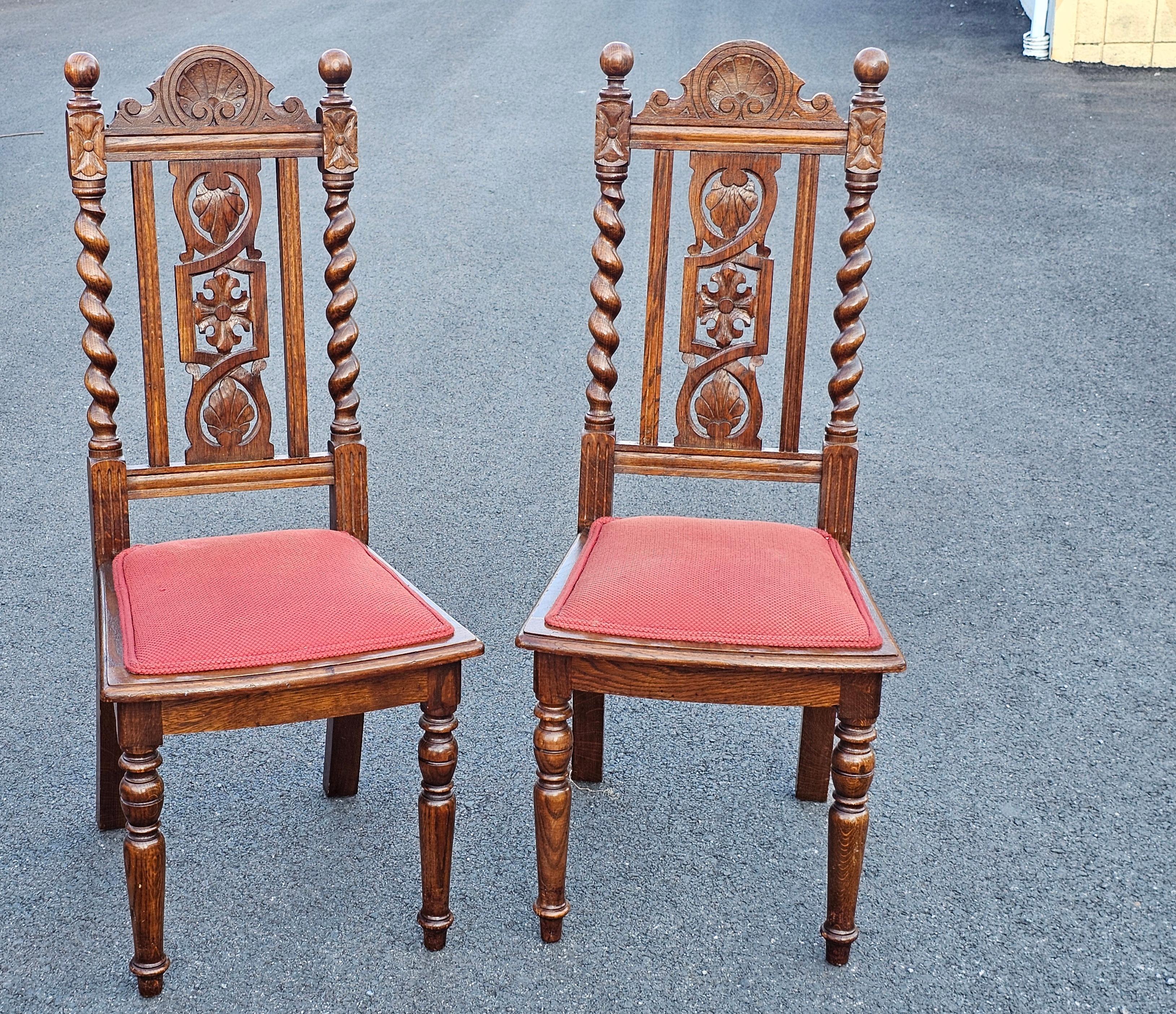 20th Century Set 4 Mid 20th C. Jacobean Style Carved and Barley Twist Oak Upholstered Chairs For Sale