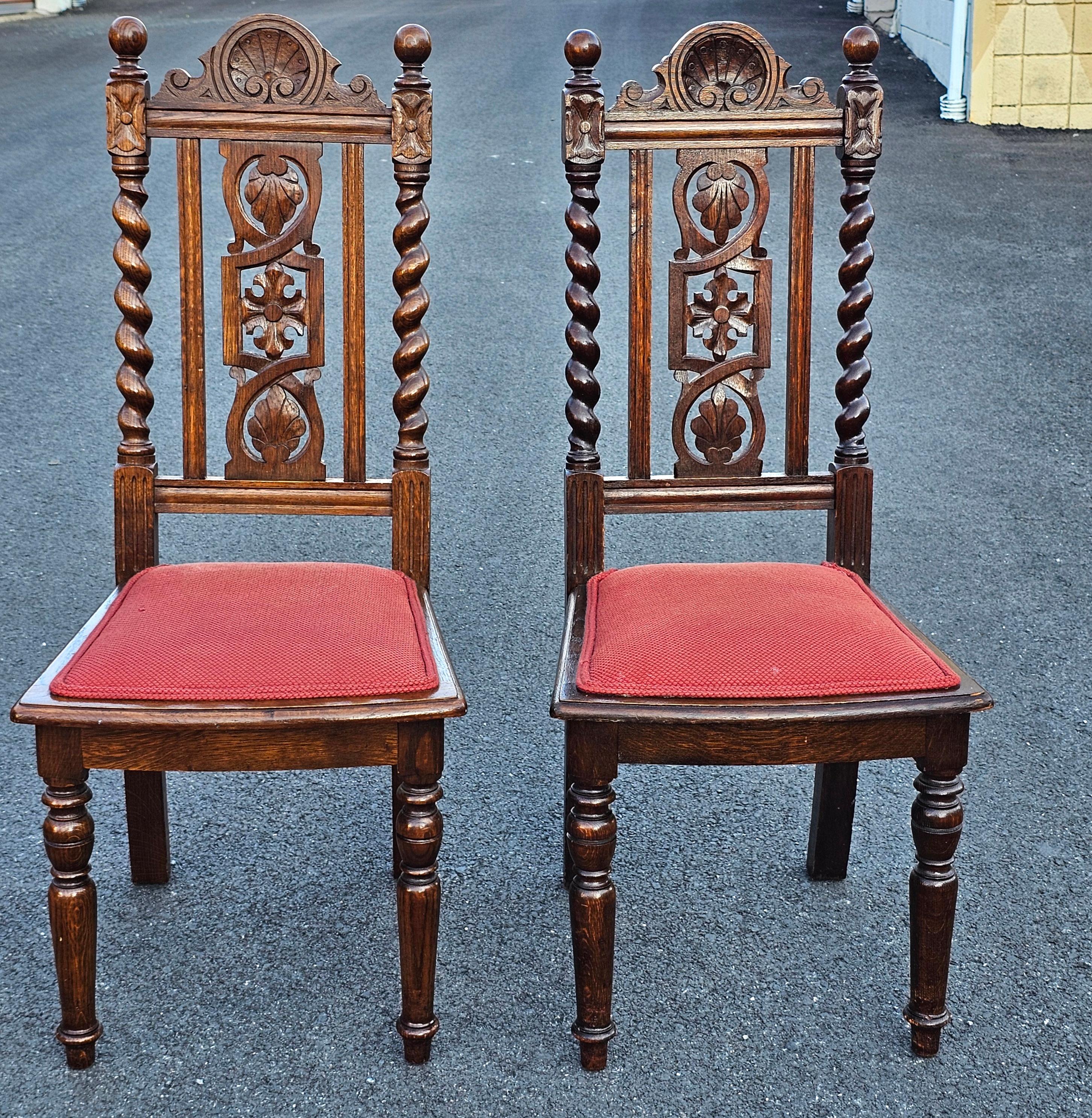 Upholstery Set 4 Mid 20th C. Jacobean Style Carved and Barley Twist Oak Upholstered Chairs For Sale