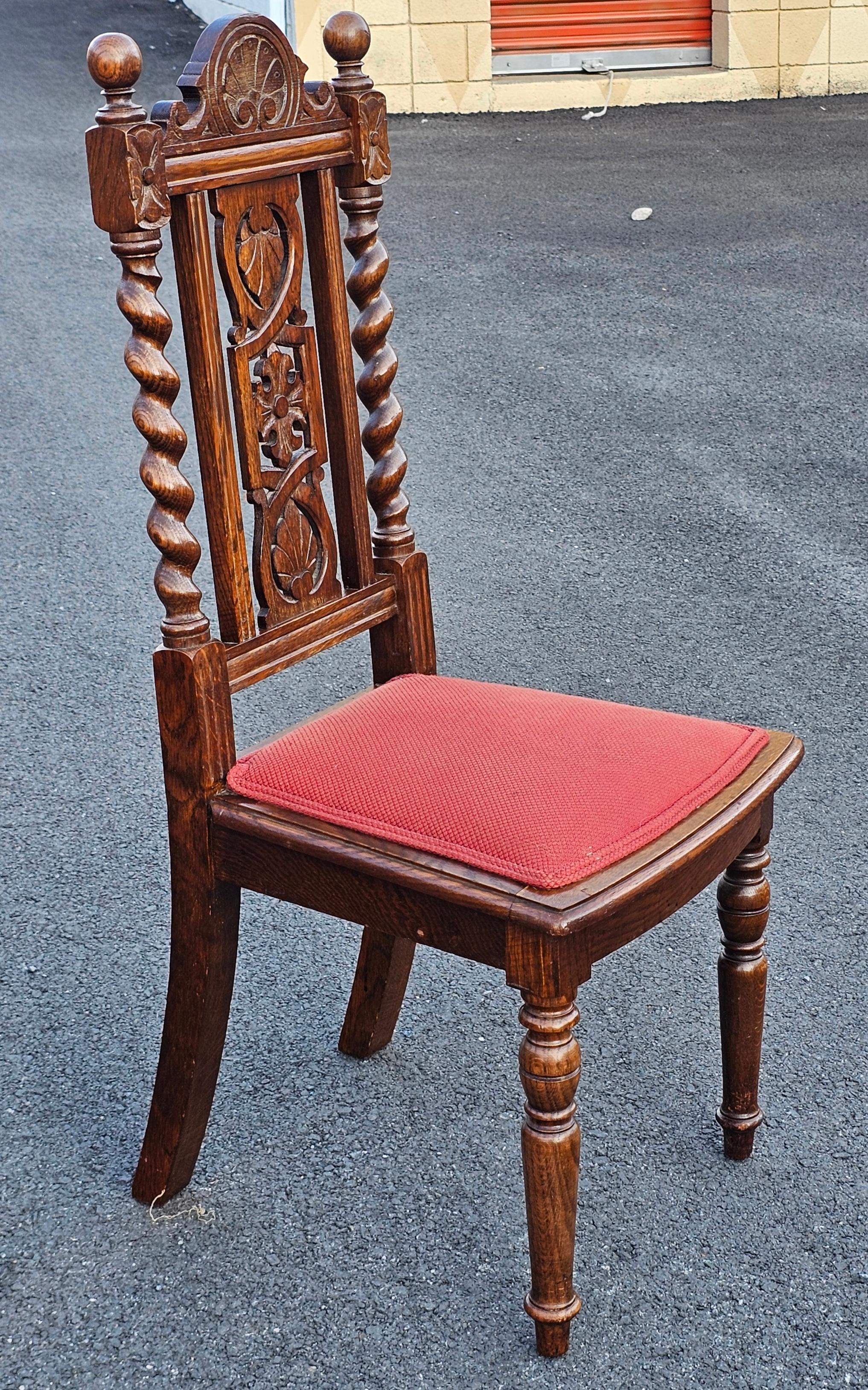 Set 4 Mid 20th C. Jacobean Style Carved and Barley Twist Oak Upholstered Chairs For Sale 1