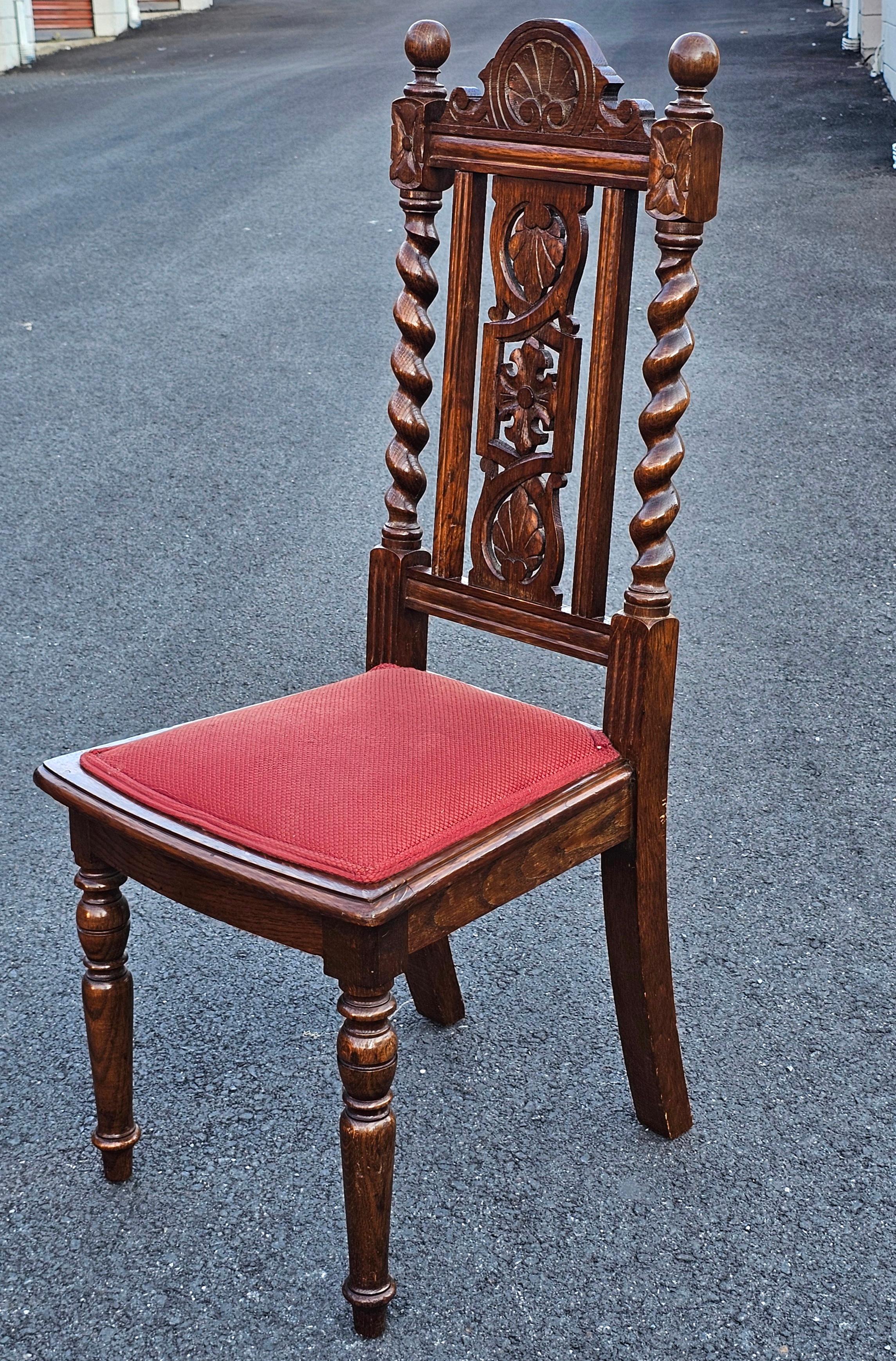 Set 4 Mid 20th C. Jacobean Style Carved and Barley Twist Oak Upholstered Chairs For Sale 2