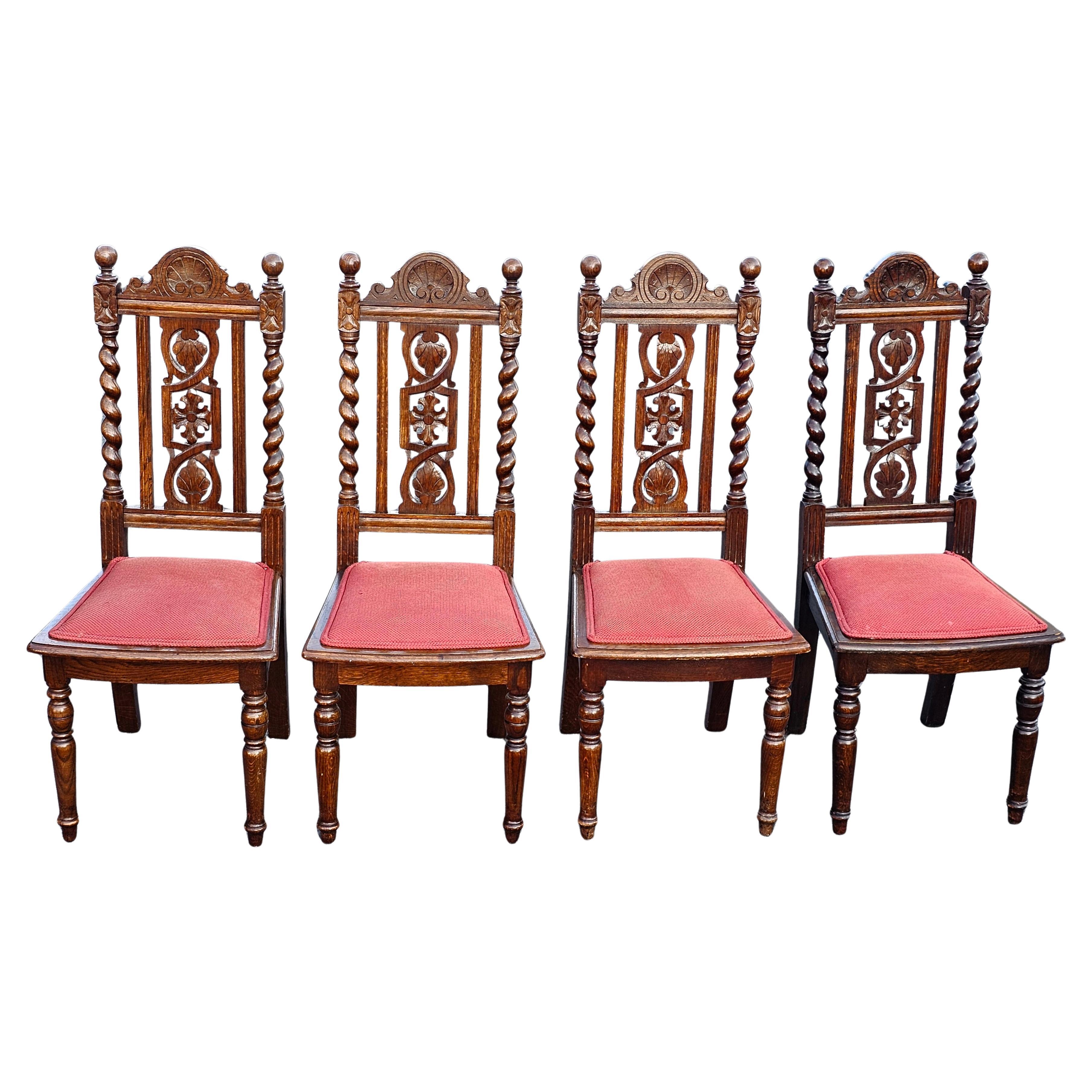 Set 4 Mid 20th C. Jacobean Style Carved and Barley Twist Oak Upholstered Chairs For Sale