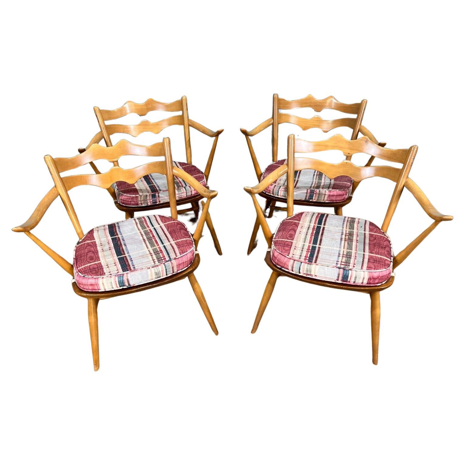 Set 4 Mid Century Ercol Chairs Beech Batwing For Sale