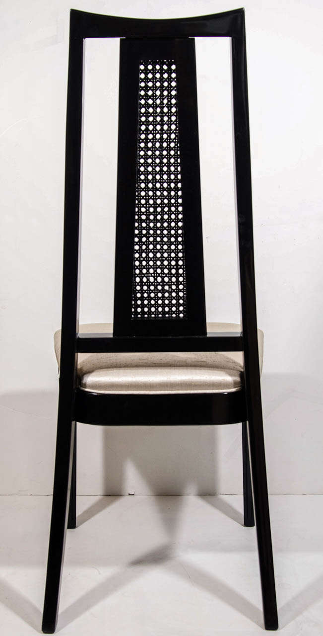 High Back Cane Chair in Ebonized Walnut and Silk by John Stuart In Good Condition For Sale In Fort Lauderdale, FL