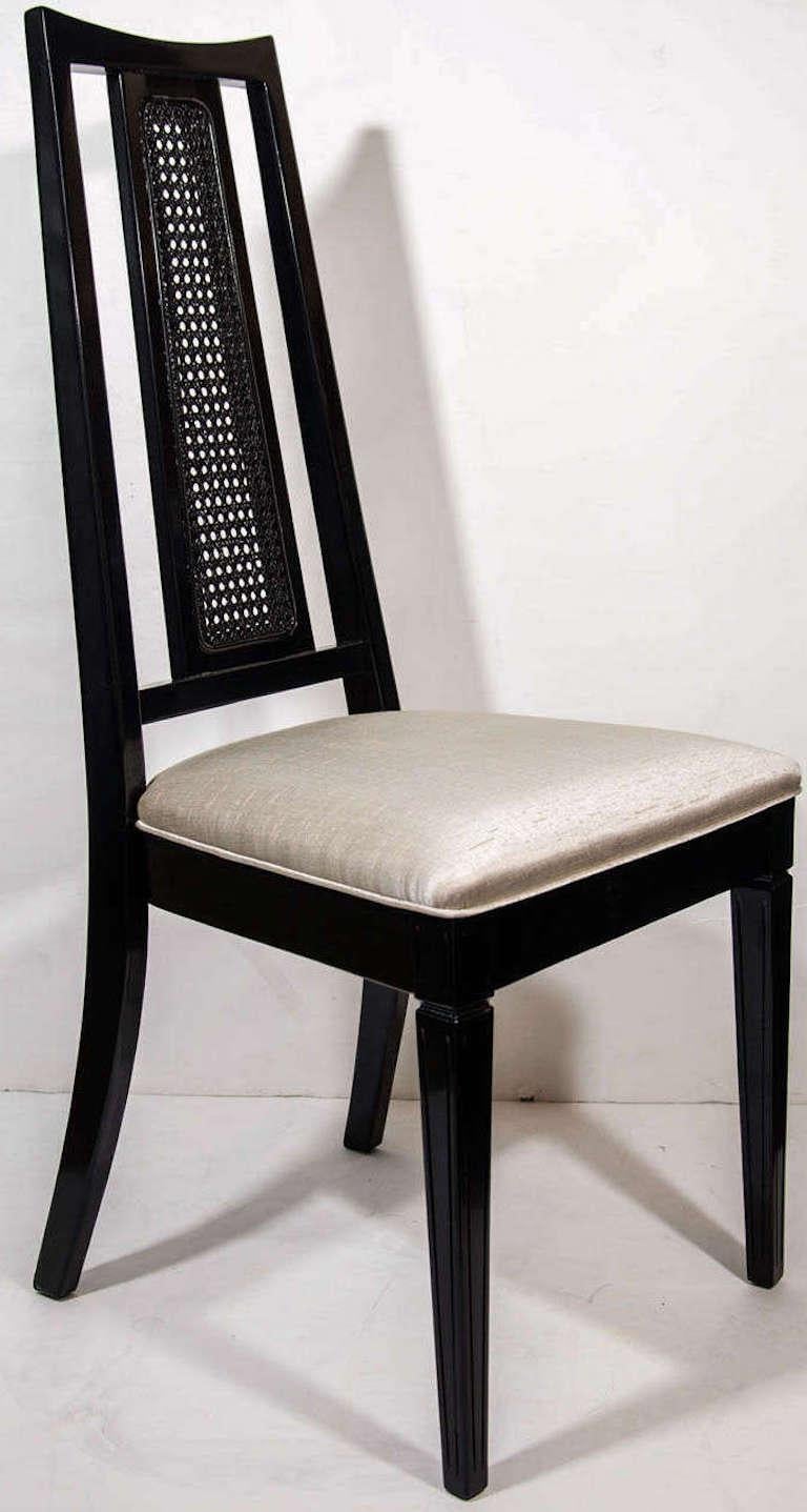 Mid-20th Century High Back Cane Chair in Ebonized Walnut and Silk by John Stuart For Sale