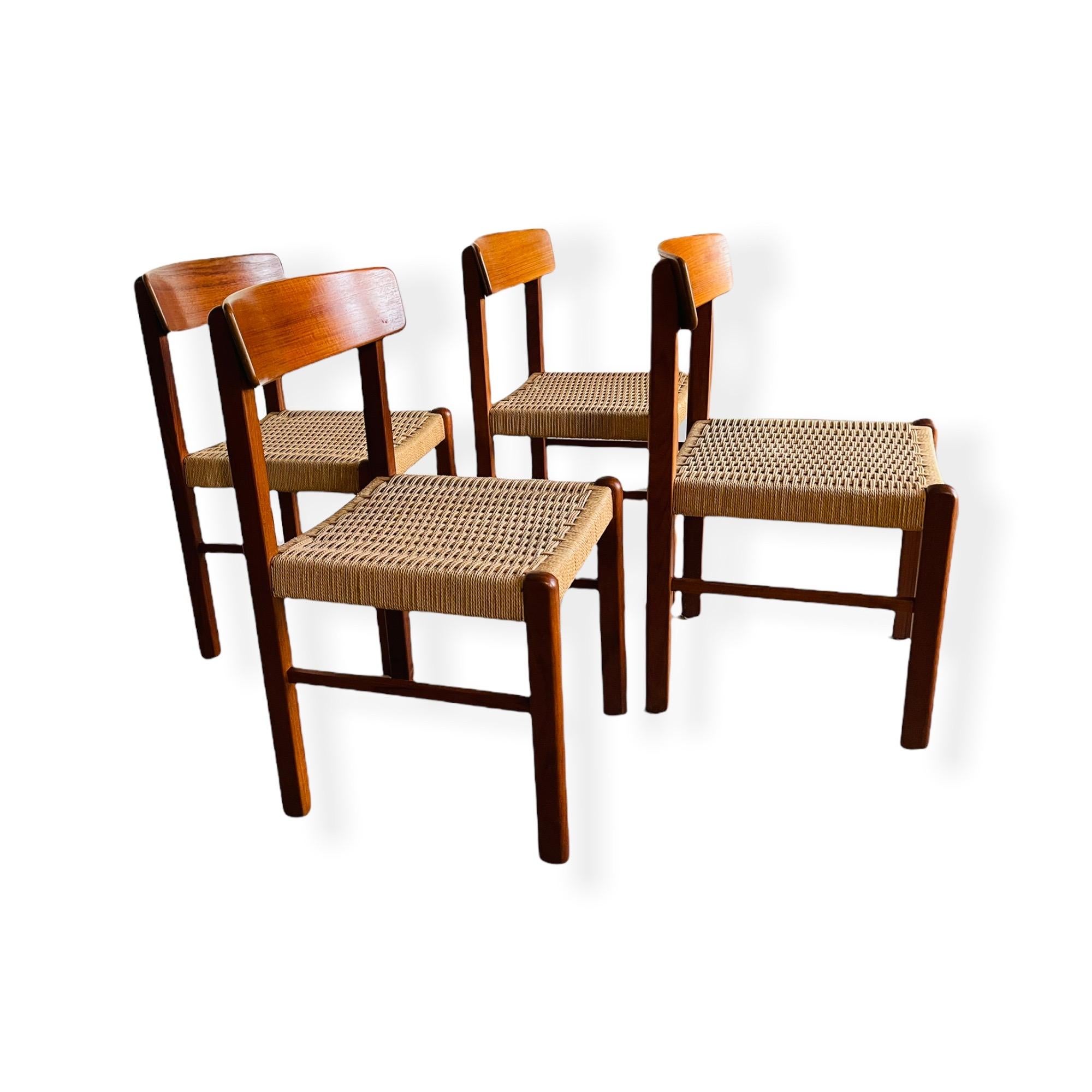 20th Century Set 4 Mid-Century Modern Teak Dining Chairs W/ Danish Cord Seats